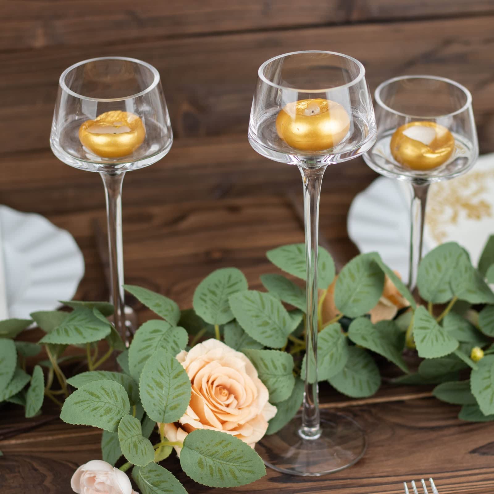 Tableclothsfactory Set of 3 | Long-Stem Clear Glass Pedestal Table Vase Centerpieces, Tall Tealight Disc Candle Holders - 8