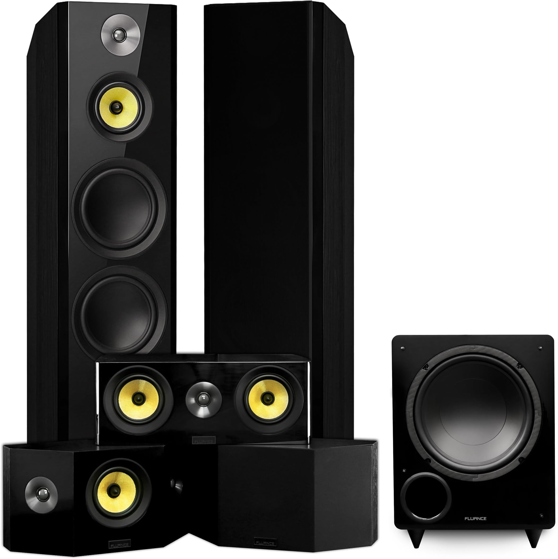 Fluance Signature HiFi Surround Sound Home Theater 5.1 Channel Speaker System Including 3-Way Floorstanding Towers, Center Channel, Bipolar Speakers and DB10 Subwoofer - Black Ash (HF51BB)