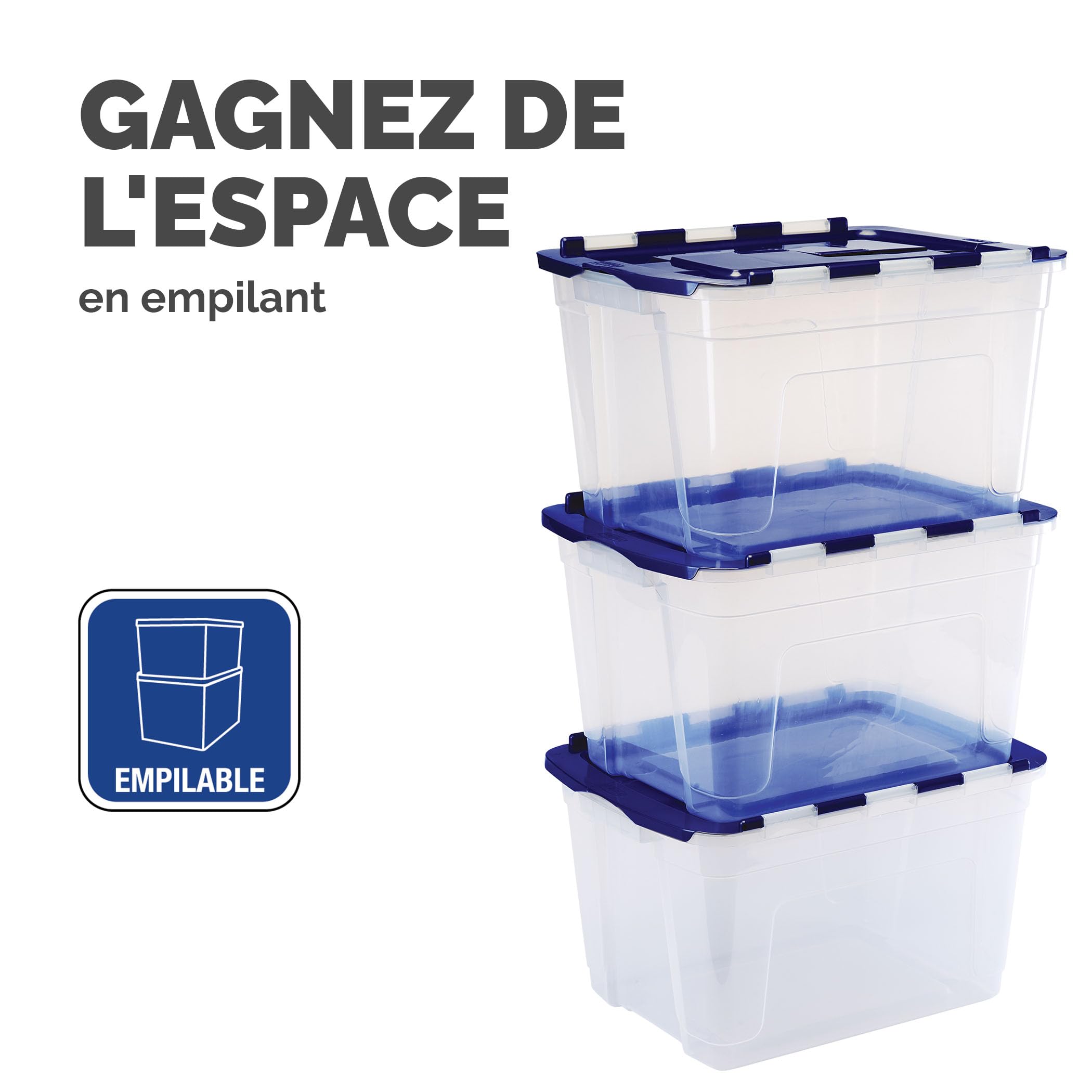 BANKERS BOX 55L Boîte fourre-tout en plastique, pack de 3, Polypropylène sans BPA, couvercles 100% recyclés, emboîtables et empilables, couvercle fendu, 35x43x59cm, polyvalent pour maison et bureau