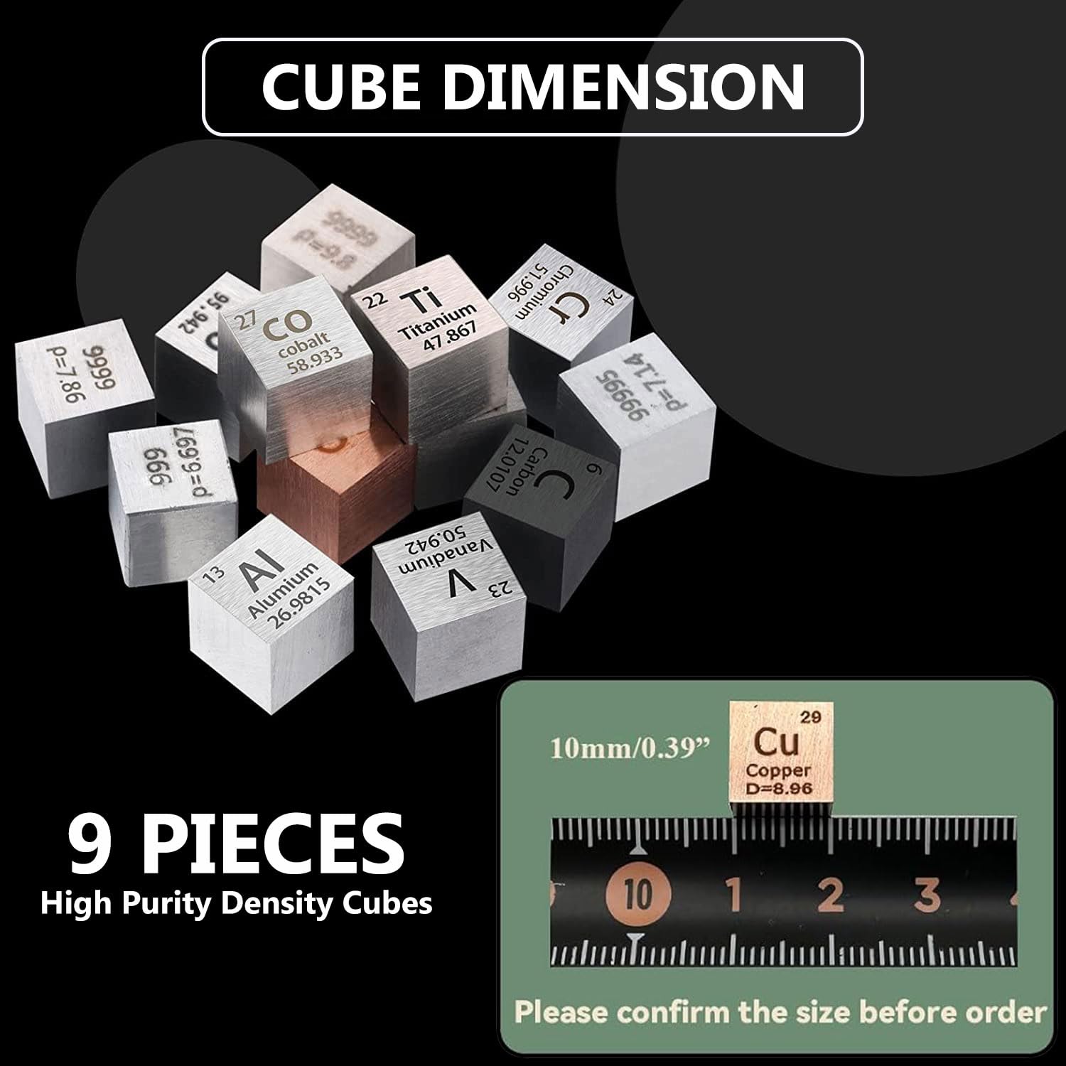 TIHONORI 9 Piece Metal Element Cubes Set - Density Cube Set for A Periodic Table of Elements Collection - Pure Tungsten Cube, Titanium, Nickel, Aluminum, Iron, Copper, ect (.39 Inch/10mm)