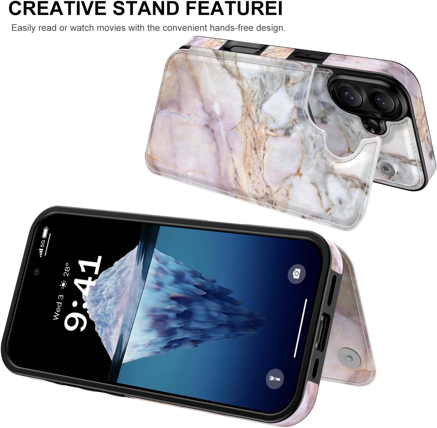 LETO for iPhone 16 Wallet Case - Flip Folio Leather Kickstand - Fashionable Flower Designs - Credit Card Holder - Protective Phone Cover for Women and Girls - 6.1" - Pink Purple Marble Pink Purple Marble iPhone 16 6.1 inch -M