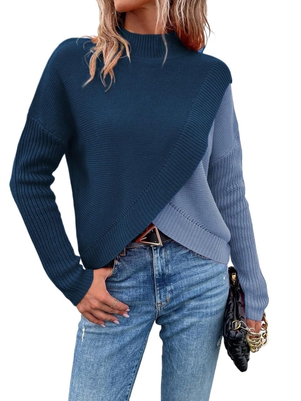 Sweaters for Women Fashion Mock Neck Drop Shoulder Wrap Cross Asymmetrical Hem Sweater