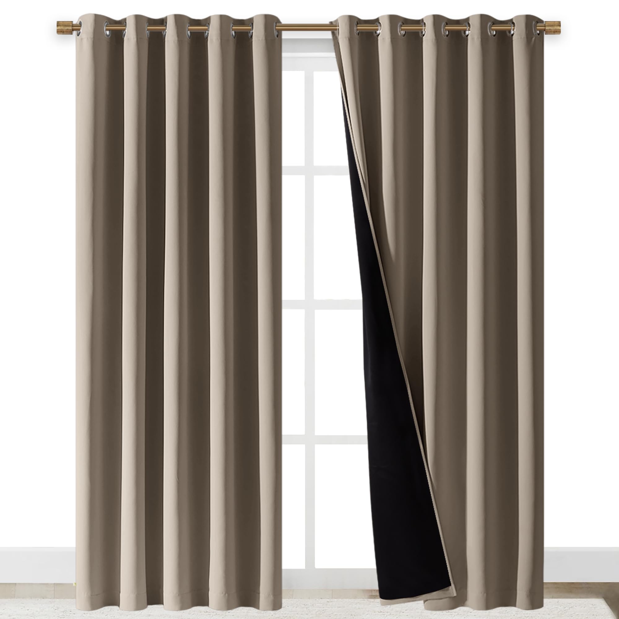 NICETOWN Total Shade Curtains and Draperies, Heavy-Duty Full Light Shading Drapes with Black Liner Backing for Villa/Hall/Dorm Window（Taupe, Package of 2 Panels, 70 inches Wide x 95 inches Long