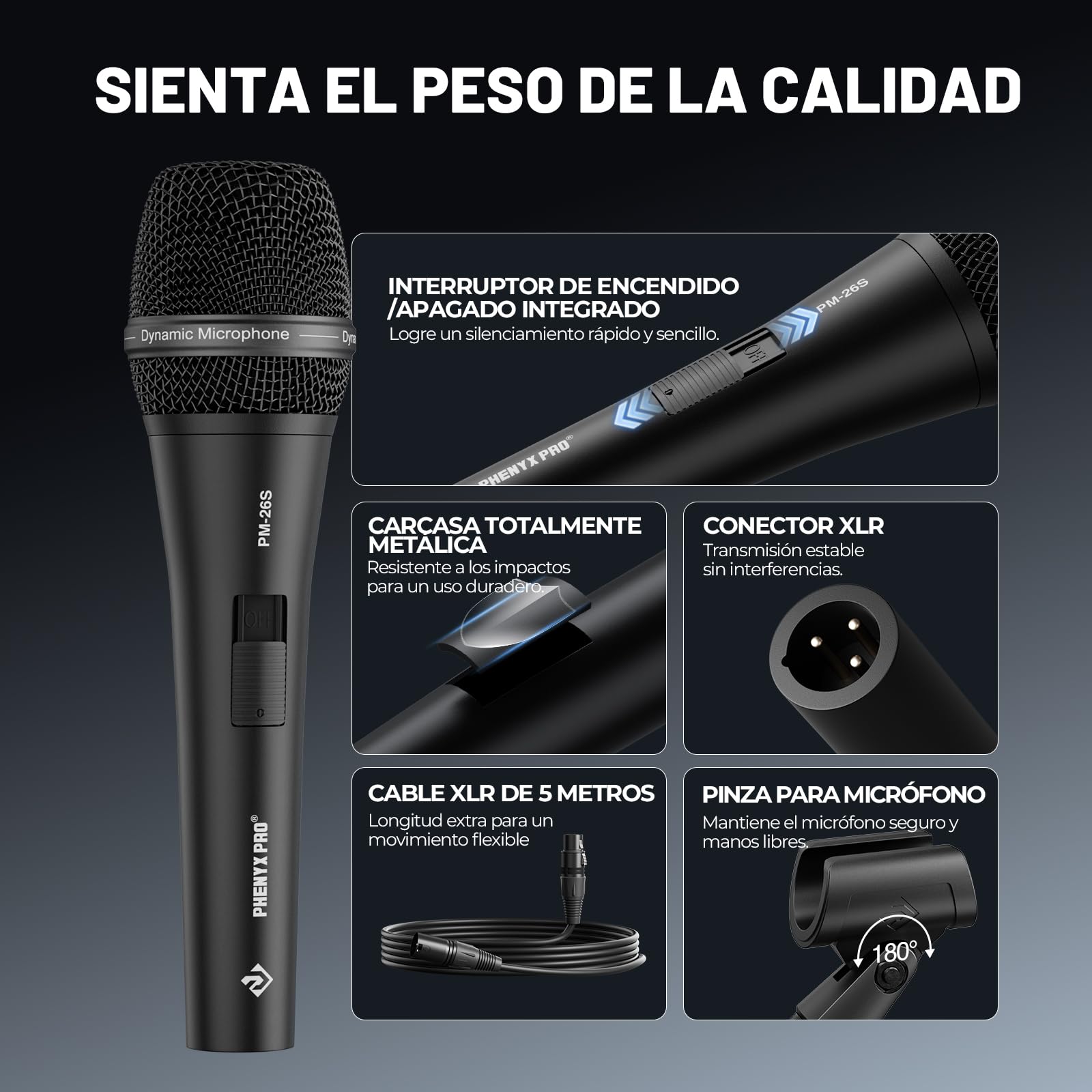 Micrófono Vocal dinámico supercardioide Phenyx Pro PM-26S con Cable XLR de 5 m, Pinza para micrófono y Bolsa de Almacenamiento, micrófono con Cable de Mano para Canto, Escenario, Estudio y Karaoke
