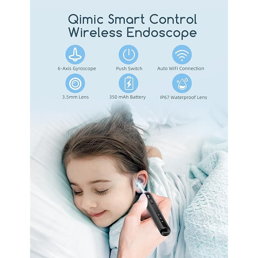 Immagine del prodotto QIMIC Otoscopio, Rimozione di Cerume con Telecamera, 1080P 3,5mm Impermeabile Endoscopio con 6 Luci LED, Pulisci Orecchie per iPhone, iPad e Android
