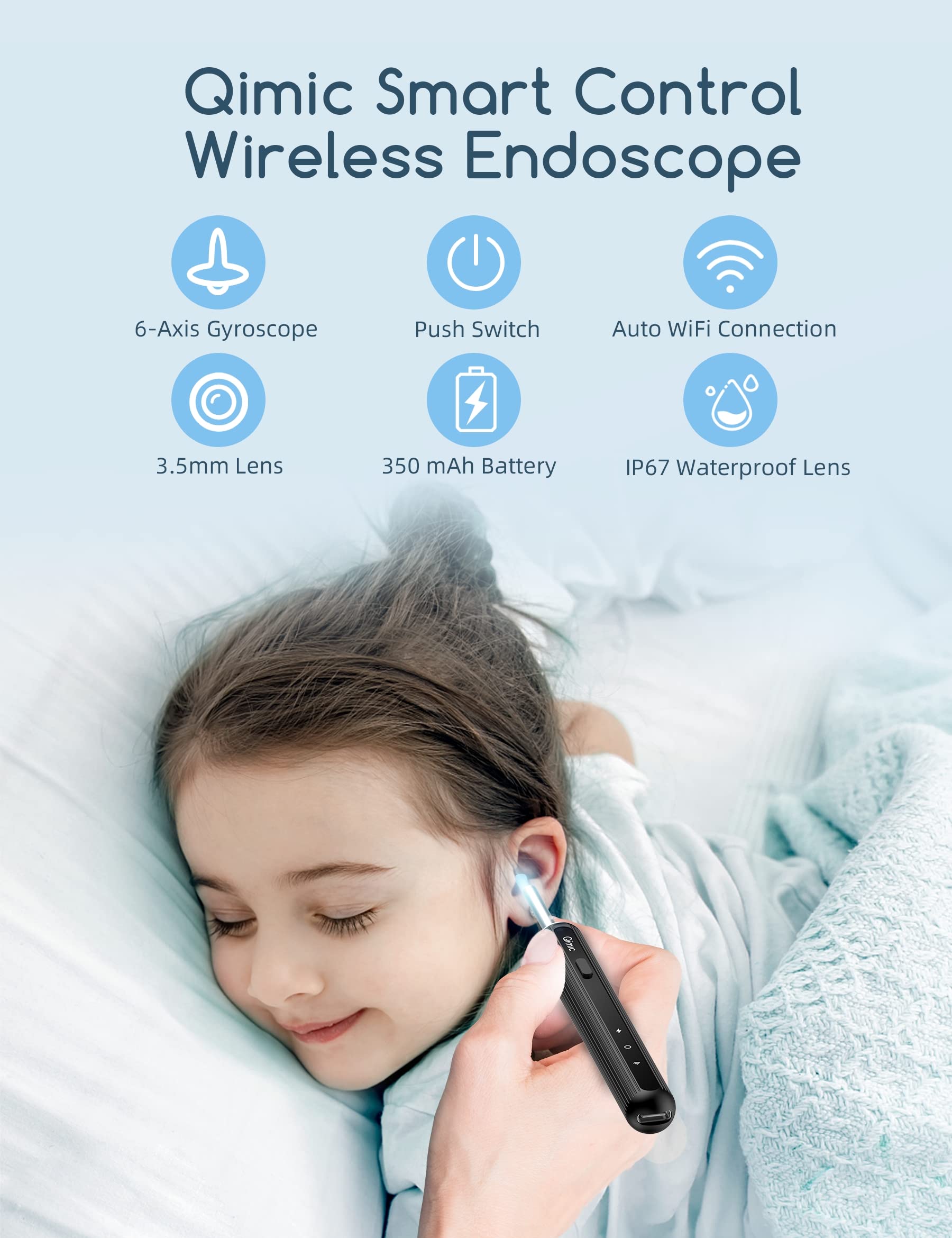 QIMIC Otoscopio, Rimozione di Cerume con Telecamera, 1080P 3,5mm Impermeabile Endoscopio con 6 Luci LED, Pulisci Orecchie per iPhone, iPad e Android