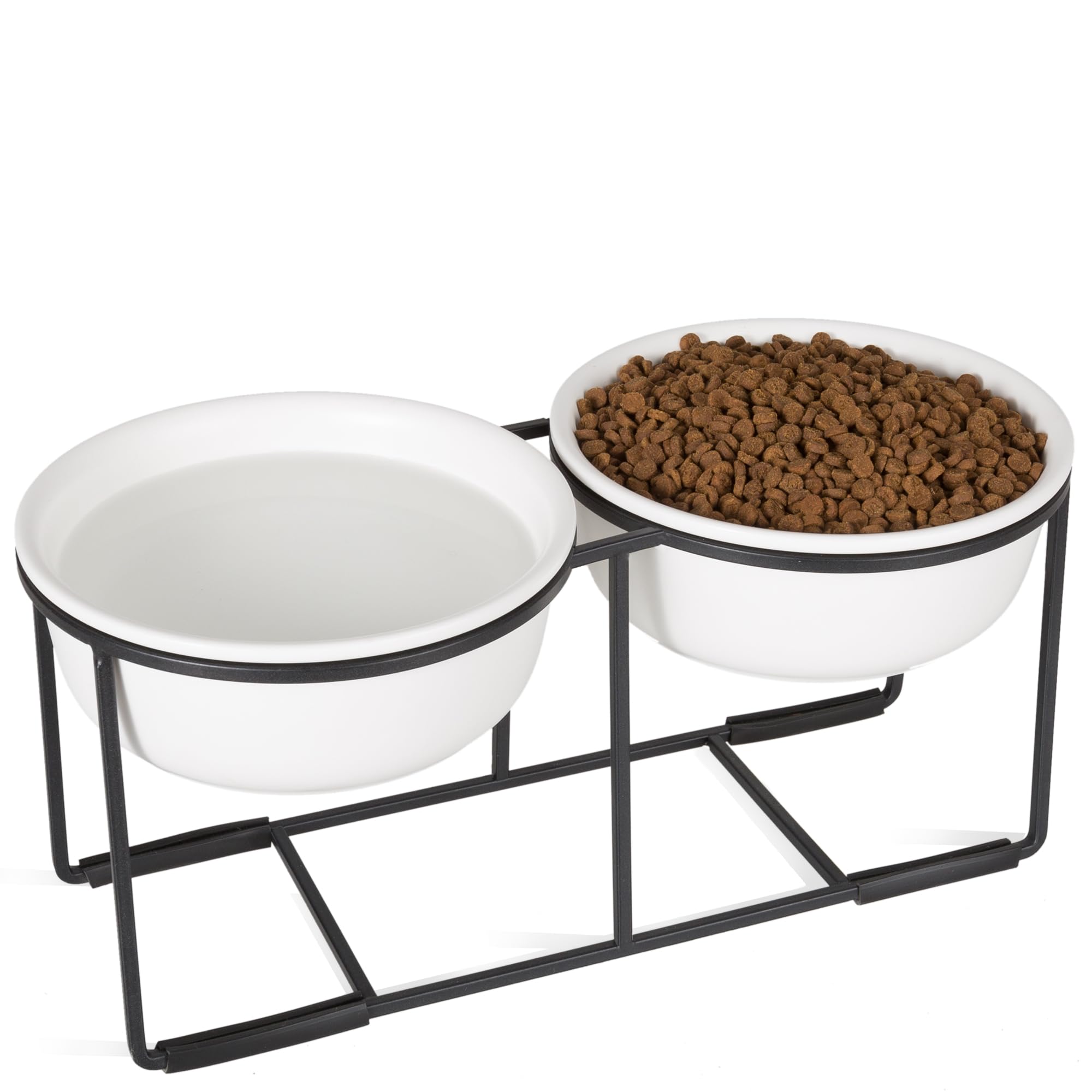 Ceramic Elevated Dog Bowl Set - Raised Food and Water Bowls with Metal Stand - Double Pet Dishes for Small and Medium Dogs - 3 Cups - 24.3 fl oz - Matte White