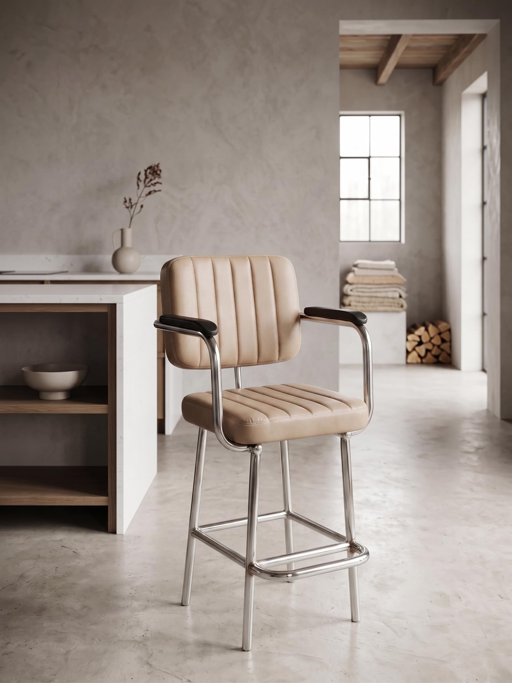 activa Chef Premium Bar Stool Chair with Armrest | Upholstered Leatherette Seat & Back | Heavy-Duty Metal Frame with Footrest | Modern Kitchen Counter & Bar Chair (Beige)-image-21