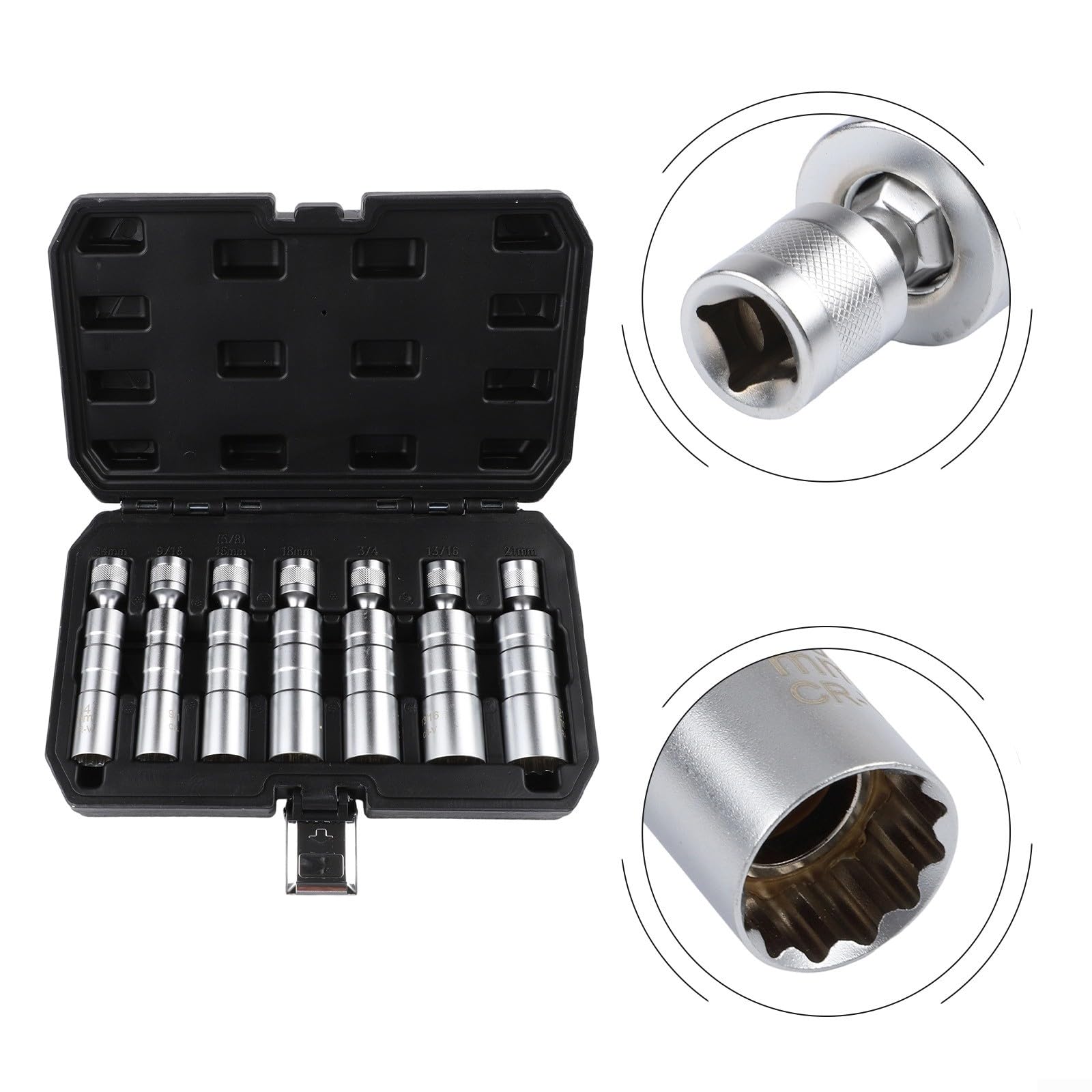 7-częściowy zestaw kluczy nasadowych do świec zapłonowych 3/8", klucze nasadowe 14 mm 16 mm 18 mm 21 mm 9/16 13/16 3/4, z wytrzymałej stali z walizką do przechowywania do naprawy samochodów