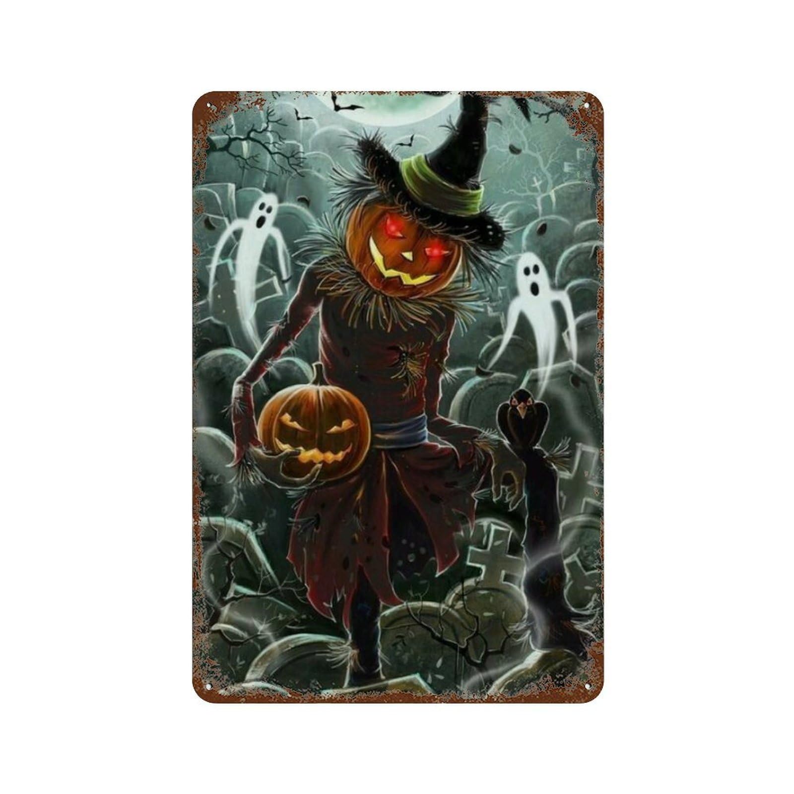 Rusty Metal Tin Sign with Halloween Scarecrow with Pumpkins Design 11.8"x7.9", for Farmhouse, Kitchen And Entryway Decor, Classic Wall Plaque