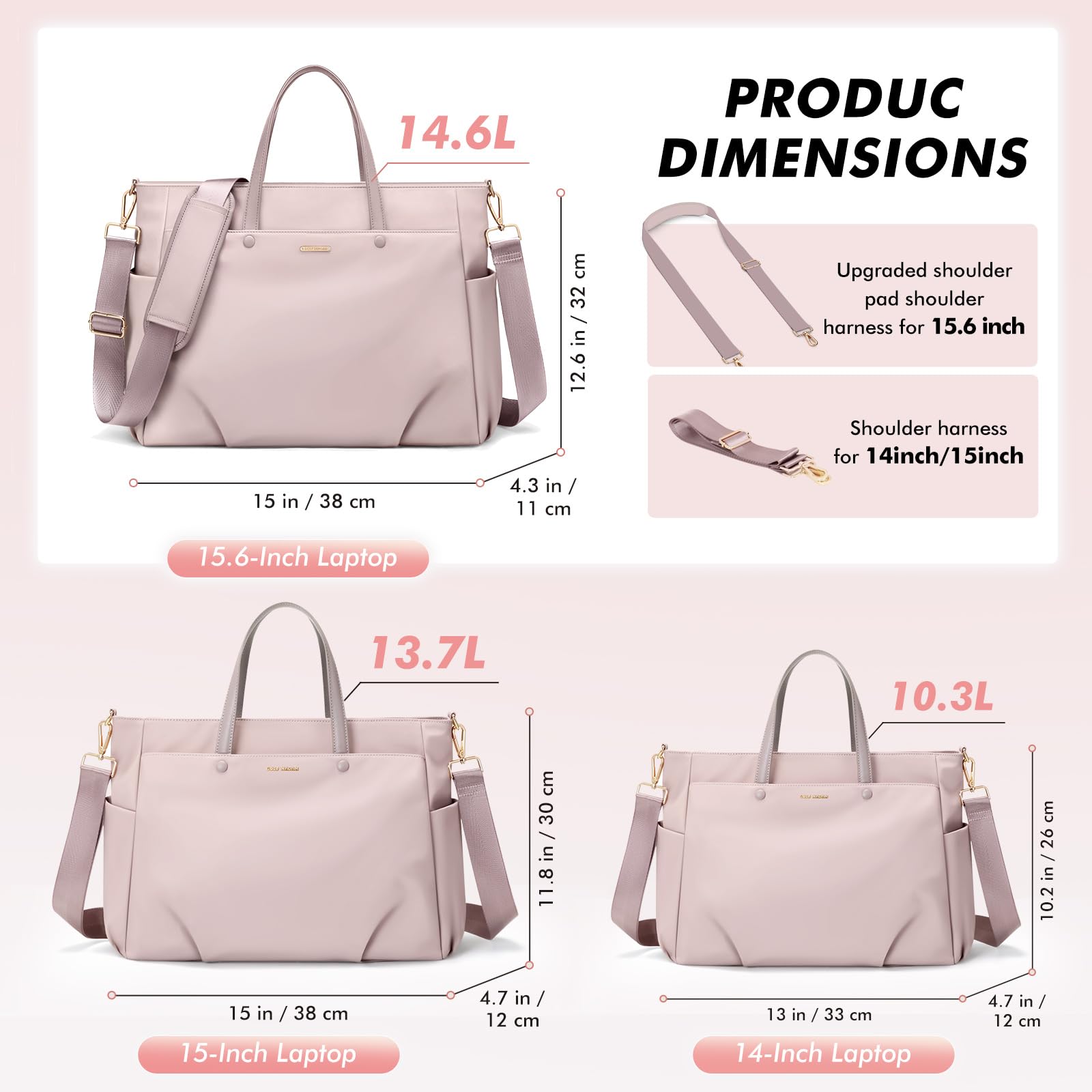 GOLF SUPAGS Borsa Tote per Laptop da 14 Pollici, Borsa a Tracolla per Computer borsa da Lavoro Grande per Donna, Custodia per Laptop Borsa Elegante per Viaggi D'affari (Grigio Rosato)