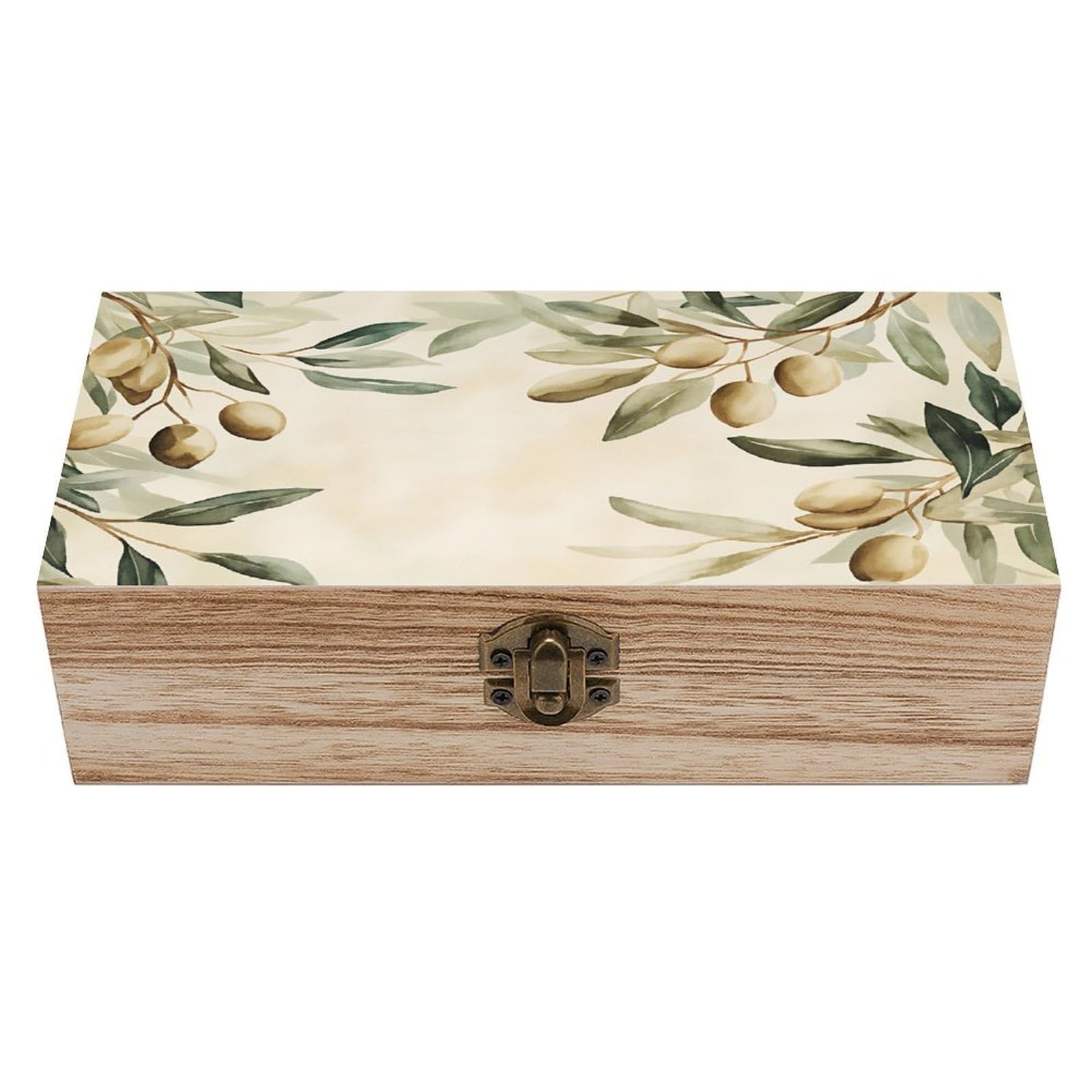 HLBSDM Watercolor Olive Leaf Vintage Wooden Keepsake Box with Hinged Lid And Locking Clasp, Decorative Storage Box for Jewelry, Trinkets And Small Accessories, Organizer for Home Or Wedding