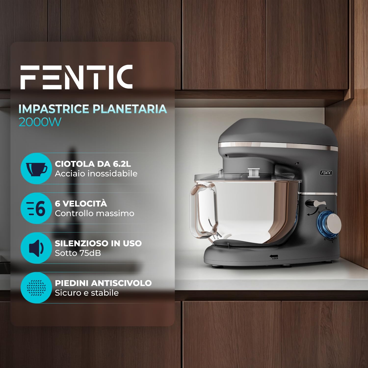 Impastatrice Planetaria - 2000W - Ciotola in Acciaio Inossidabile (6,2 L) - Impastatrice con Frusta, Gancio Impastare e Mescolatore - Inclusa e accessori extra - Antracite