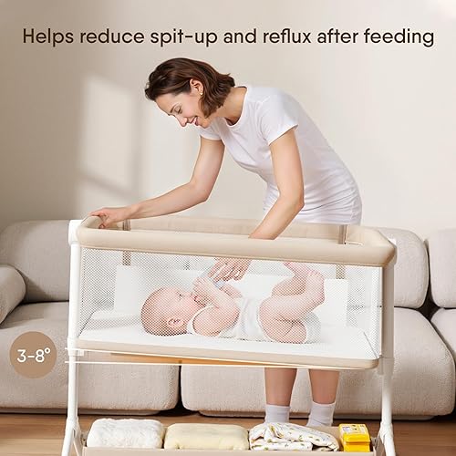 Miniatura 4 de Moisés de noche, diseño de malla, moisés portátil para bebé con colchón lavable, 5 alturas ajustables (beige)