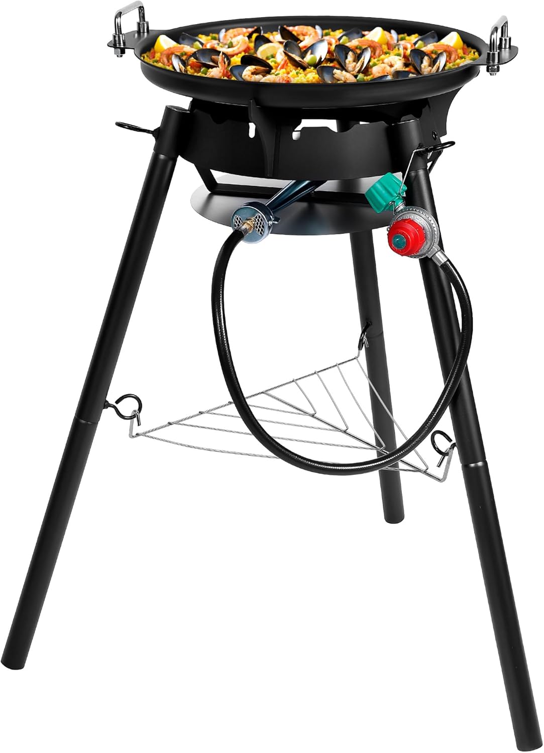 Q044-Paella Pan Set with Burner, 16 Inch Carbon Steel Outdoor Pan and Reinforced/Adjustion Legsfor Outdoor Cooking