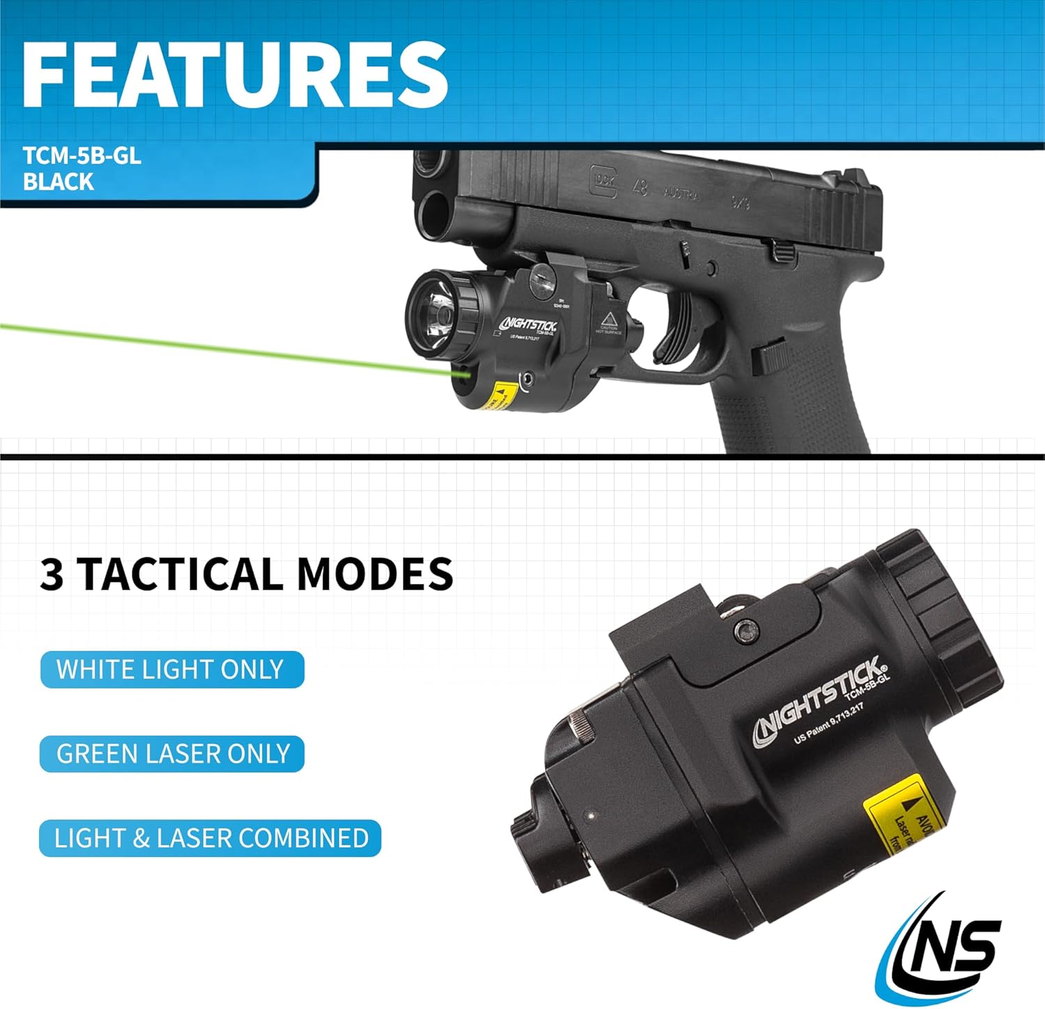 Nightstick TCM-5B-GL Subcompact Handgun Light w/Green Laser, Short/Narrow Rail Models - 1 CR123 - Black