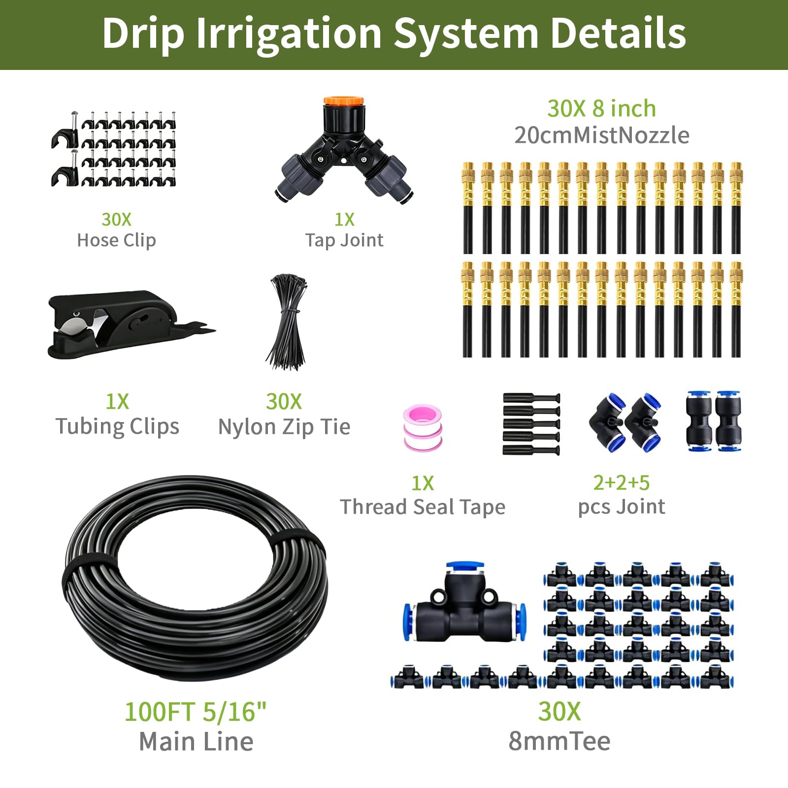 Système d'irrigation goutte à goutte de 30 m, système d'arrosage automatique de jardin avec 30 buses en cuivre, sans outils, brume fine pour jardin, terrasse, plantes en pot, système d'arrosage de