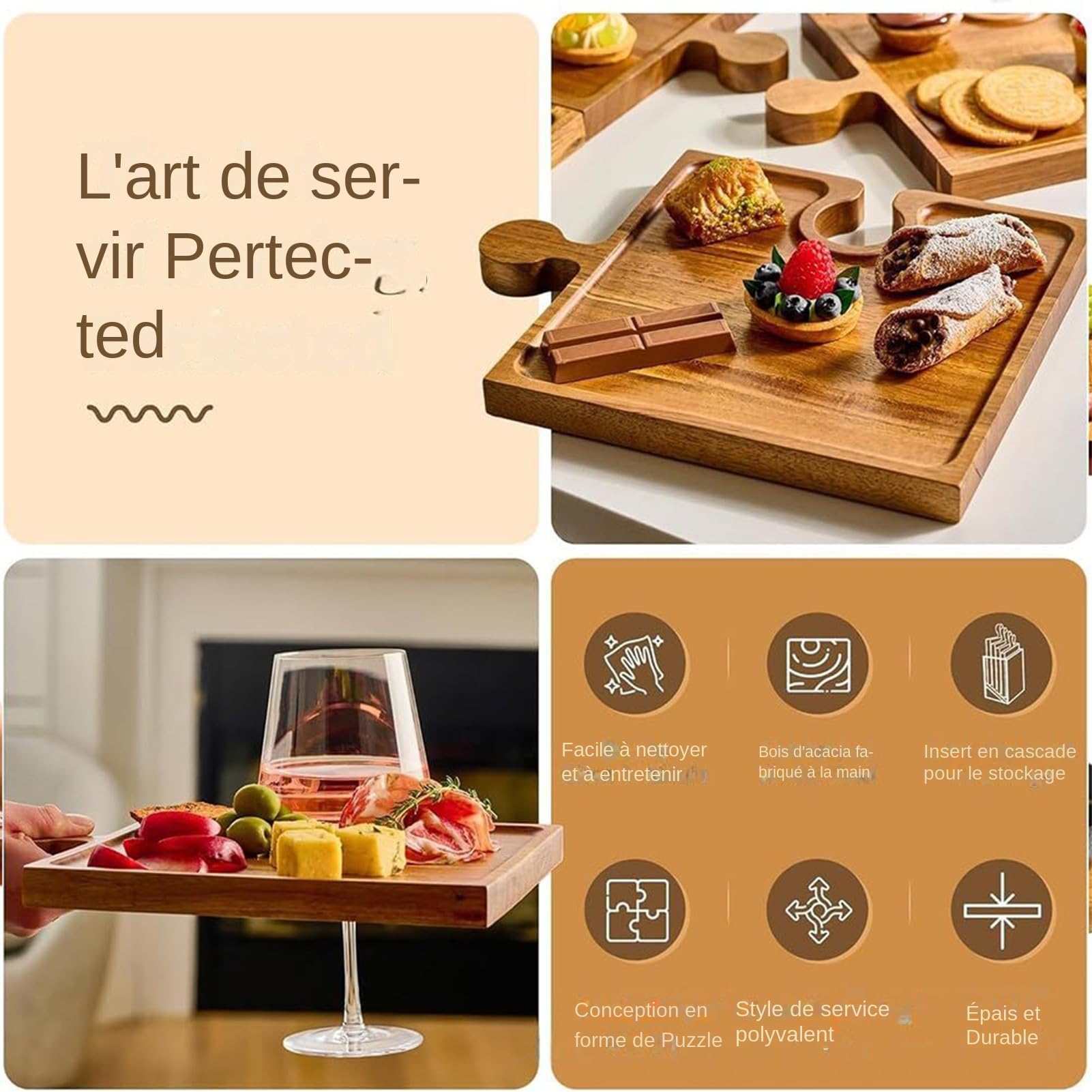 Bandeja De Servicio Juego De Presentación con Diseño De Puzzle | Tabla de Quesos y Embutidos con Asas Para Carne Fruta Queso Snack Pastel Hogar Estreno