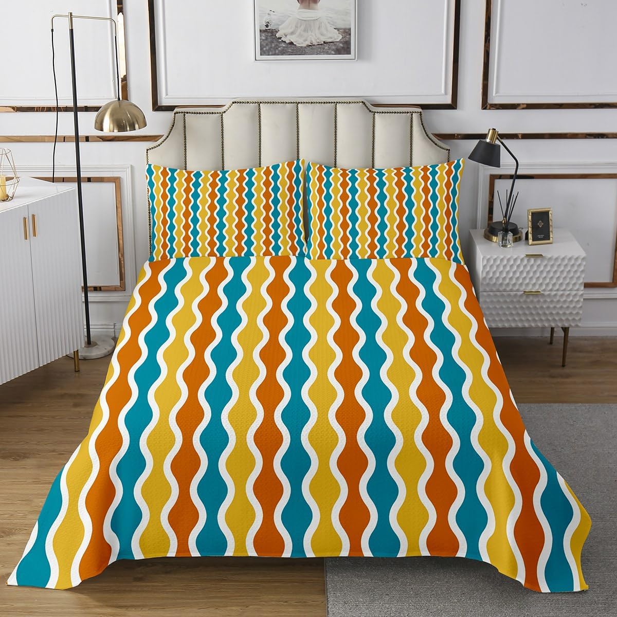 Feelyou Colorful Striped Coverlet Geometric Quilt Set Turquoise Orange Yellow White Bedspread for Kids Adults Modern Geometrical Quilted Ultra Soft Room Decor Twin Size Bedroom Collection