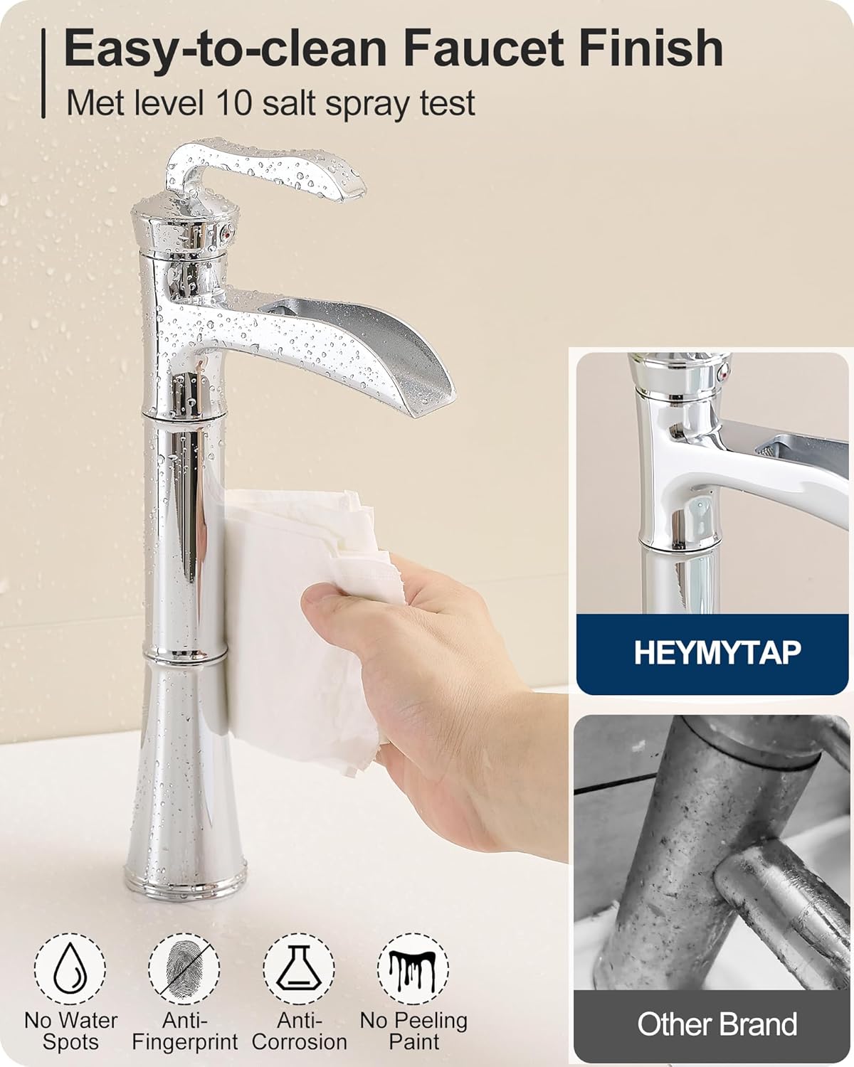 Tall Waterfall Bathroom Faucet Chrome, Single Handle Brass Vessel Faucet, Tall Faucet for Bathroom Sink, Single Handle Bathroom Sink Faucets with Pop-Up Drain & Supply Water Hoses, No Leaks