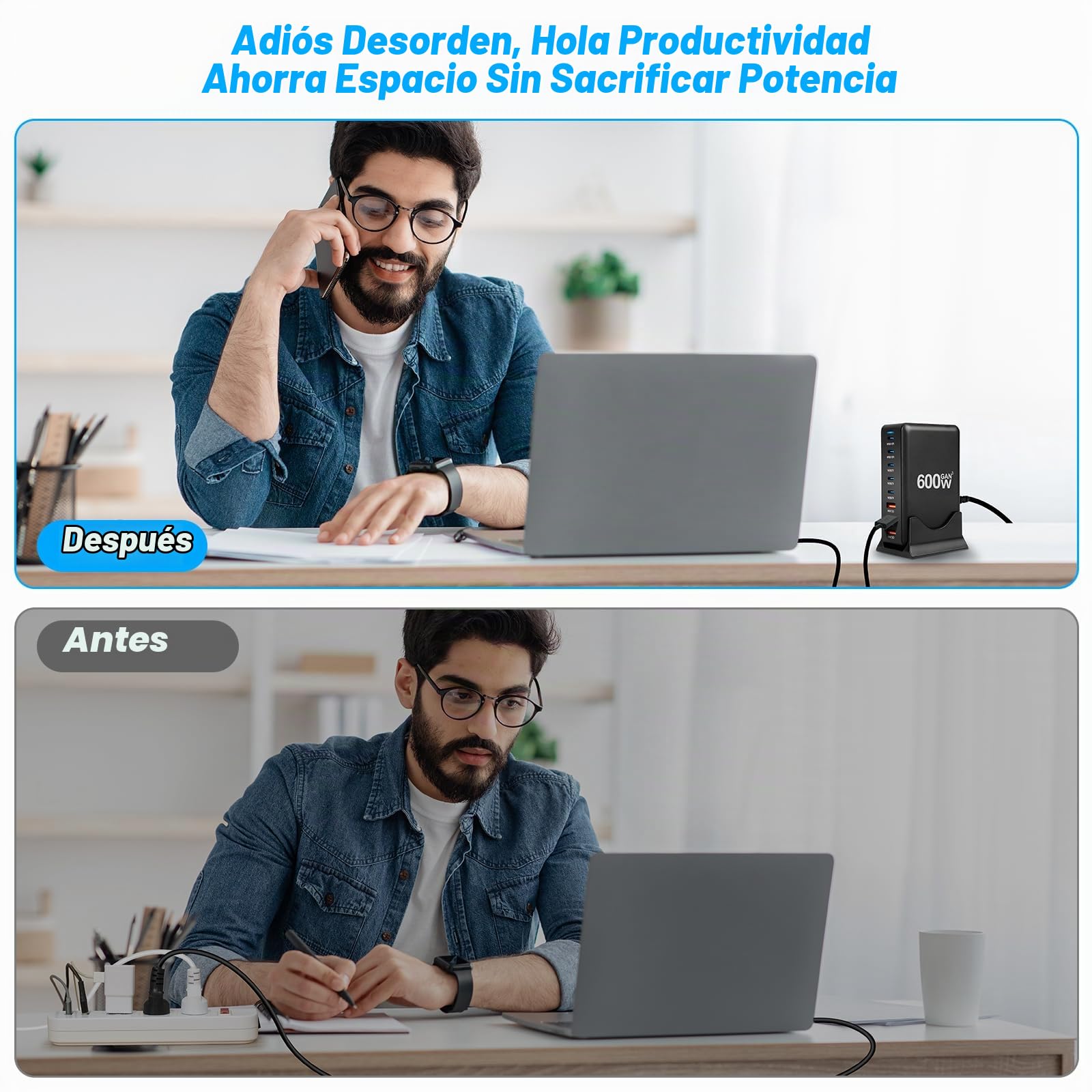 AXFEE Cargador USB C, 600W 8 Puertos Bloque de Carga rápida, Tres USB-A+5*USB-C Cargador Quick Charge, Conector de Pared multipuert Compatible con MacBook Pro/HP Laptop/iPad/iPhone/Huawei