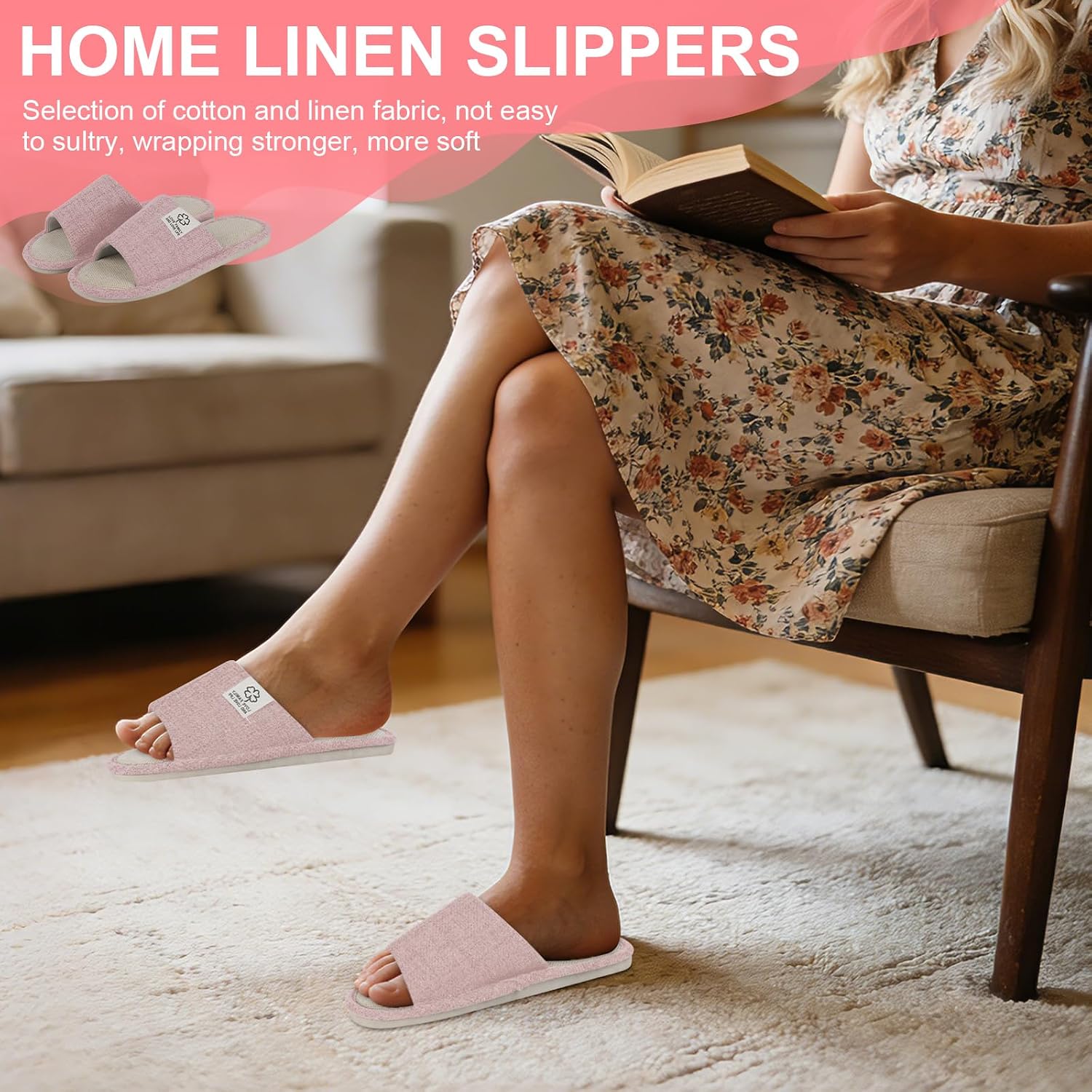 CHGANG House Slippers for Women,Warm Cozy Soft Lightweight Slip-On Open Toe Linen Cotton Slippers with Memory Foam and Indoor Outdoor Soles
