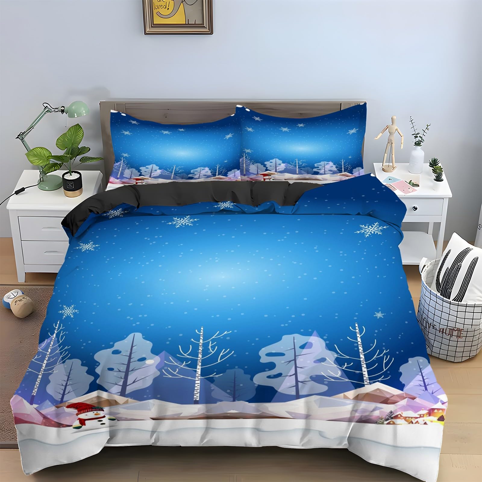 Parure de lit flocon de neige avec housse couette 160x200 microfibre et taies d'oreiller de Noël