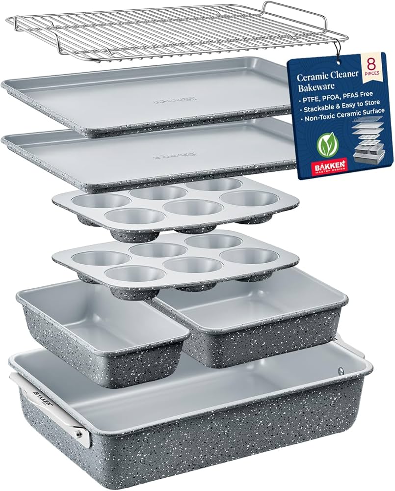 Bakken 8-Piece Stackable Bakeware Set - Ceramic Non-Stick Coating, Baking Sheets, Assorted Baking Pans, PTFE, PFOA & PFOS Free - Healthy Baking, Ergonomic Handles, Cooling Rack, Non-Toxic, Oven-Safe