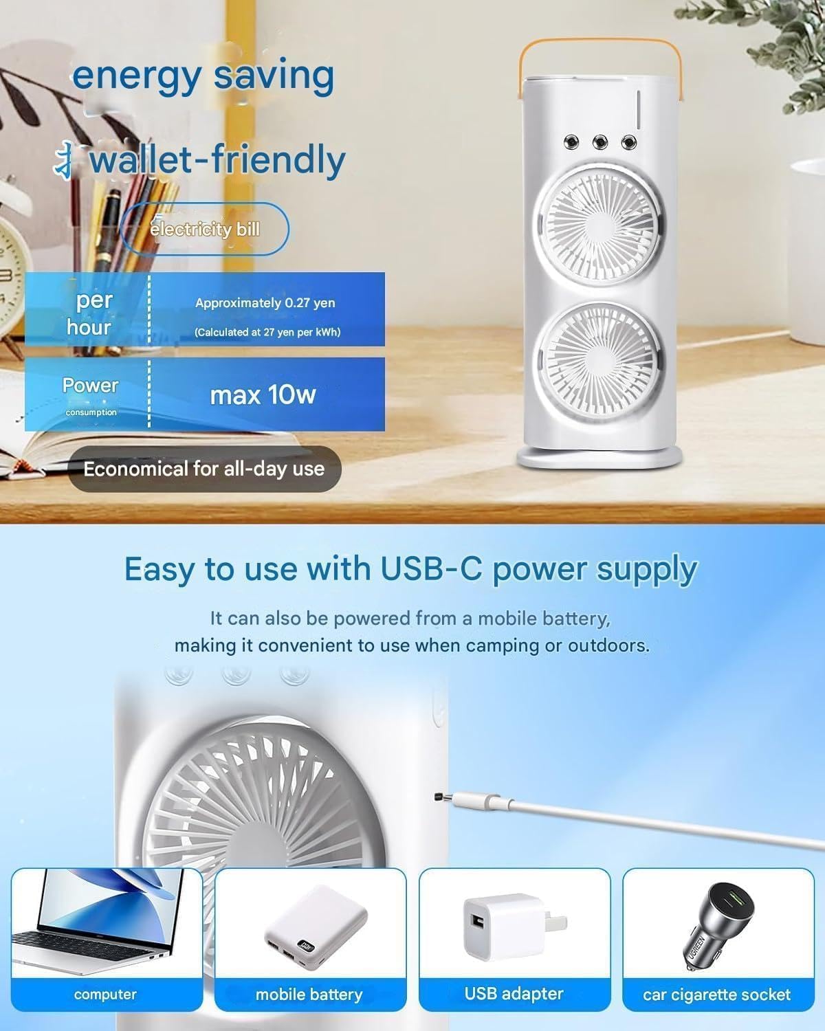 TEKCOOL Double Ended Spray Fan, Cold Air, 2025 New 3 Gears USB Rechargeable Oscillating one with LED Light Cooler, Touch & Remote Control, 280ml Water Tank, Ice Filling (White);' 1