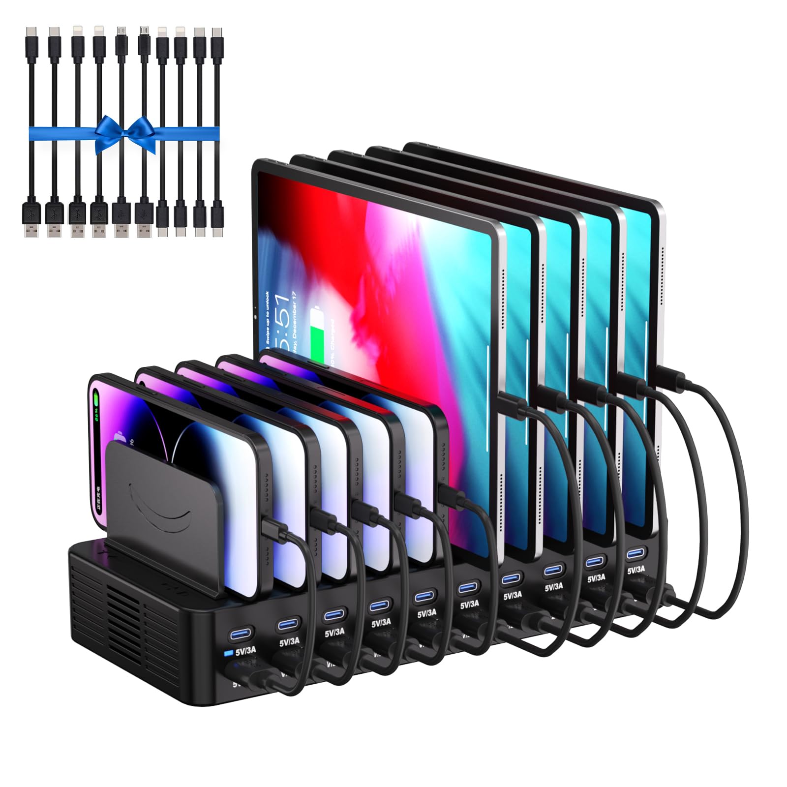 Estación de carga de 270 W para múltiples dispositivos, estación de carga rápida USB de 20 puertos con divisores ajustables y 10 cables, base de carga organizadora de múltiples dispositivos para
