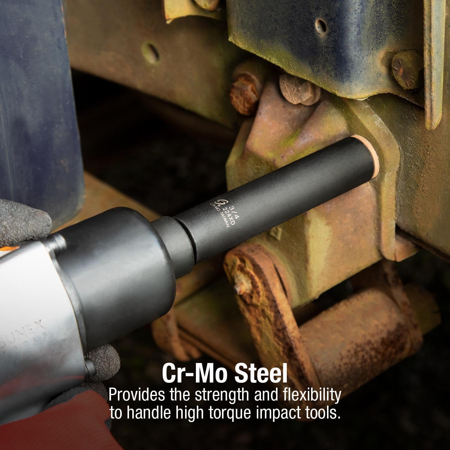SUNEX TOOLS 224XD, 1/2 Inch Drive, 3/4 Inch Extra Long Deep, Impact Socket, Cr-Mo Alloy Steel, Radius Corner Design, Dual Size Markings