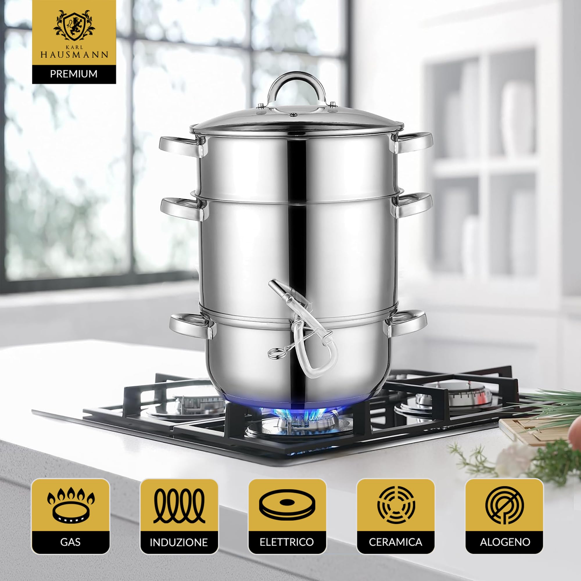 KARL HAUSMANN Pentola per Succhi a Vapore 8L Inox per Induzione, Gas, Vetroceramica ed Elettrico - Estrattore di Succo per Frutta e Verdura, con Tubo, senza BPA, Grande Capacità