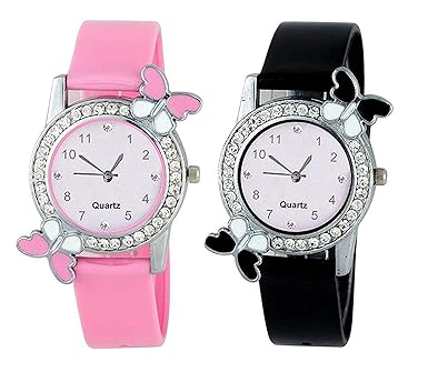 Casera-890 Combo Diamond Belt Pink and Black Butterfly Analog Watch for Girls & Women