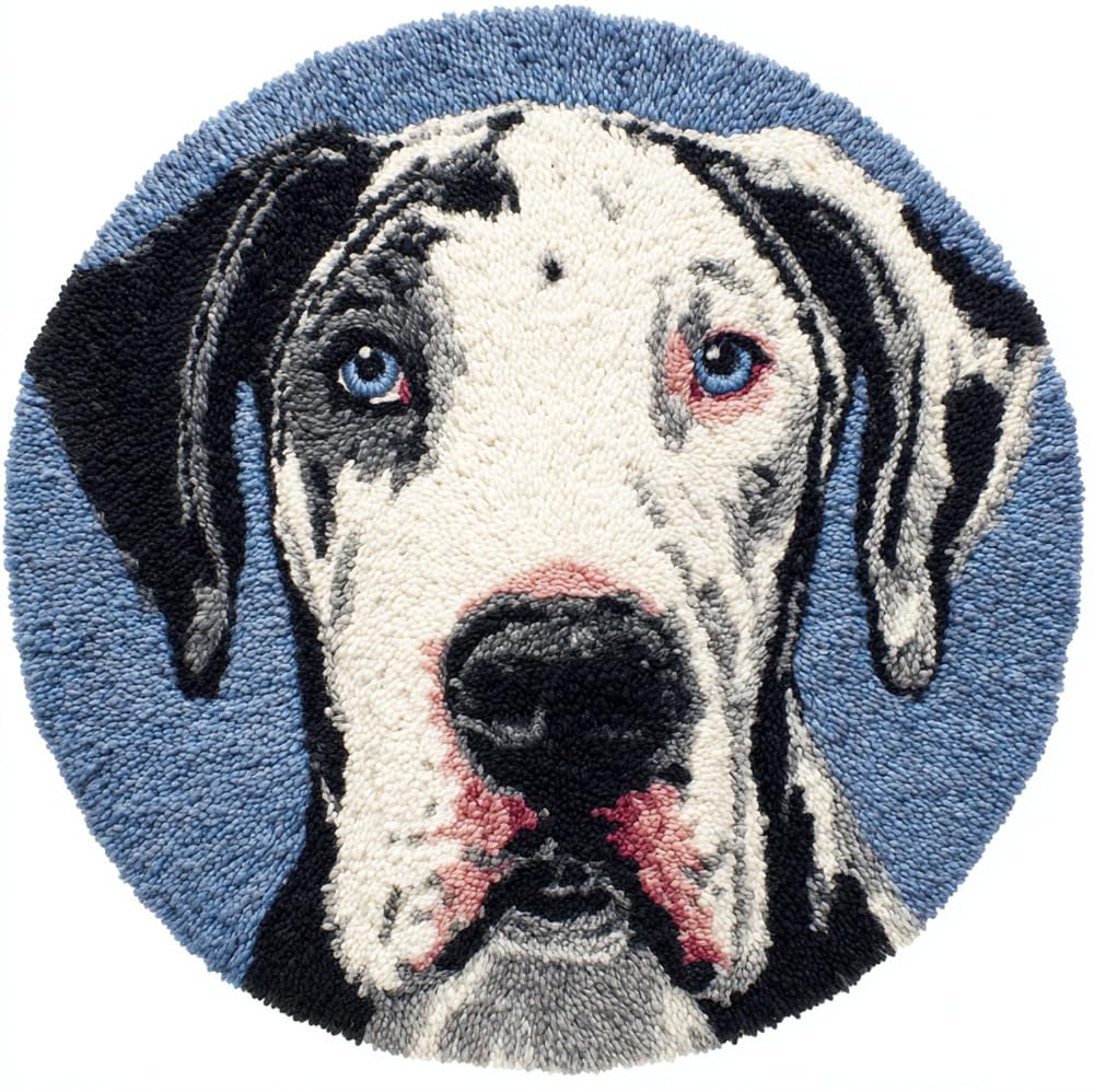Latch Hook Rug Kit, Cute Great Dane Dog Face 20X20Inch (50X50Cm) Diy Latch Hook Colorful Rug Making Kit For Adults Kids, Colorful Cross Stitch Kit Carpet Making Cushion Needlework For Beginn