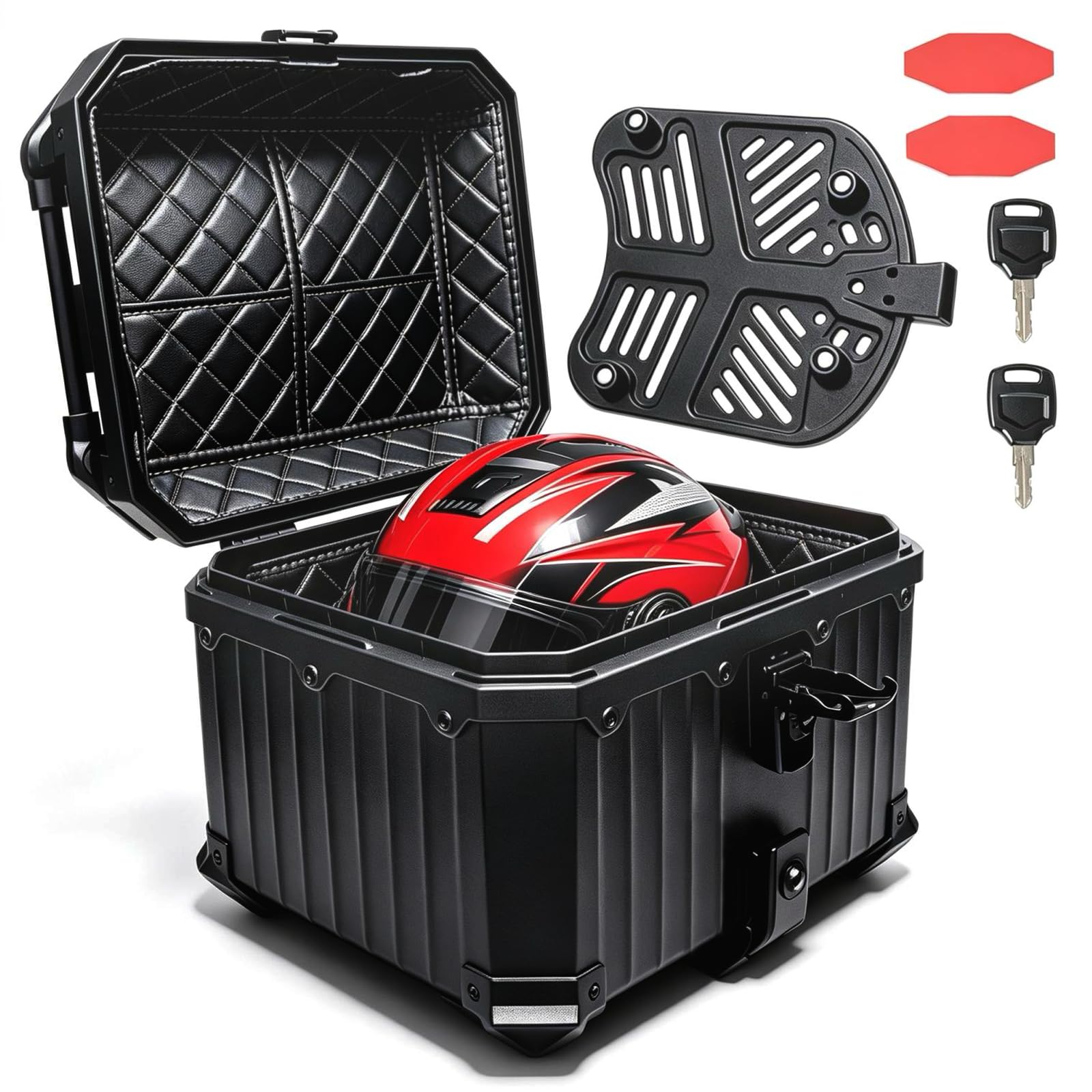 45L Motorrad Topcase, Universal Topcase für Motorrad mit Sicherheitsschloss, Carbonstahl-Bodenplatte und Lederinnenfutter, Wasserdichter & Staubdichter Heckkoffer zur Helmaufbewahrung