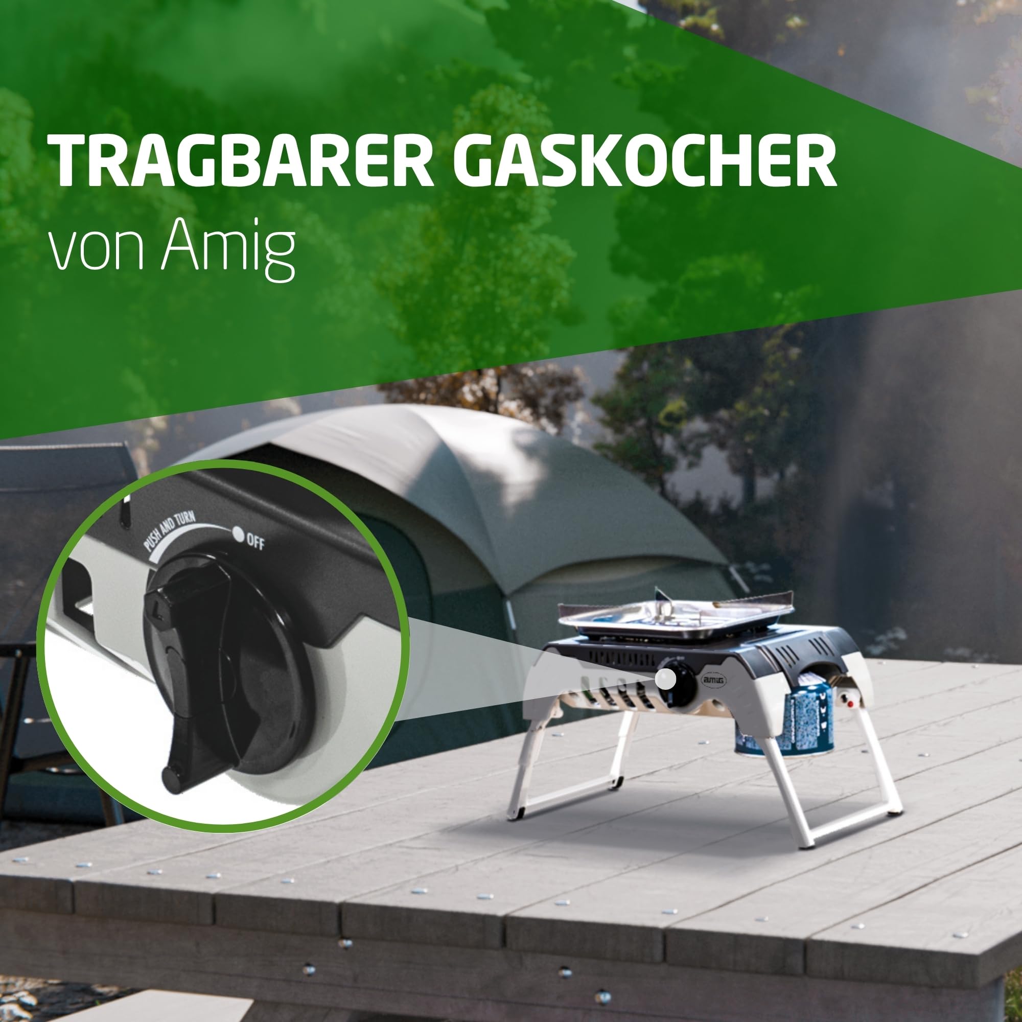 Amig – Camping Gas Möunt - Tragbarer Gaskocher für den Außenbereich – mit Edelstahlhalterung und Flammenregler – 2,4 kW Leistung – Für Ausflüge und Camping