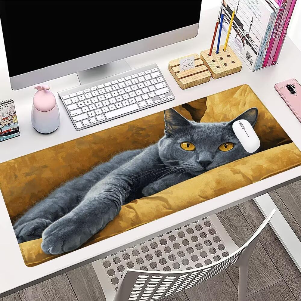 Alfombrilla de Mouse para Juegos, Giallo, XXL, Antideslizante, Impermeable, Diseño de Gatto, Extendido, Grande, 1200x600x3mm, para PC, Laptop, Ufficio, Famiglia d-605