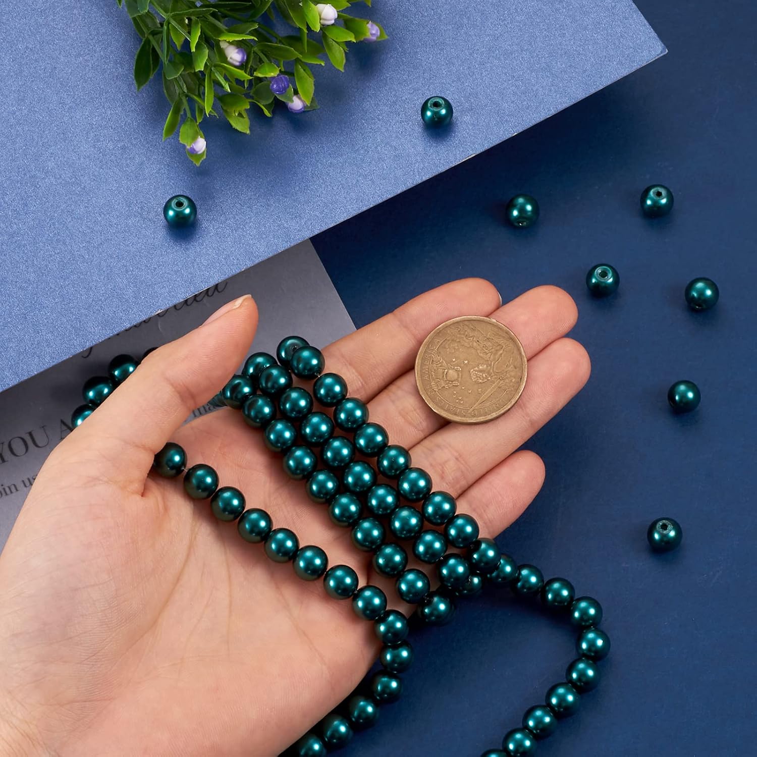 KISSITTY 105pcs/strand 8mm Teal Satin Luster Glass Round Pearl Spacer Bead Loose Beads for DIY Jewelry Craft Making 31.4" - Image 4