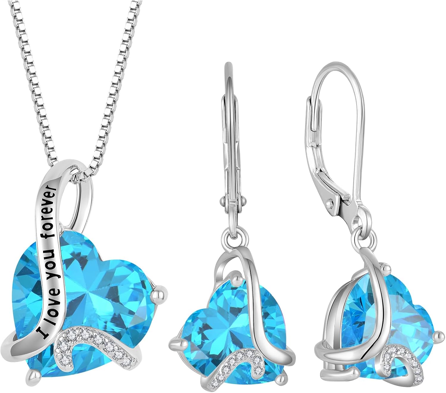 Heart Birthstone Jewelry Set - "I Love You Forever" Engraved Blue Heart Pendant Necklace & Drop Earrings, Hypoallergenic White Gold Plated Jewelry for Women, Valentine's Day Anniversary Birthday