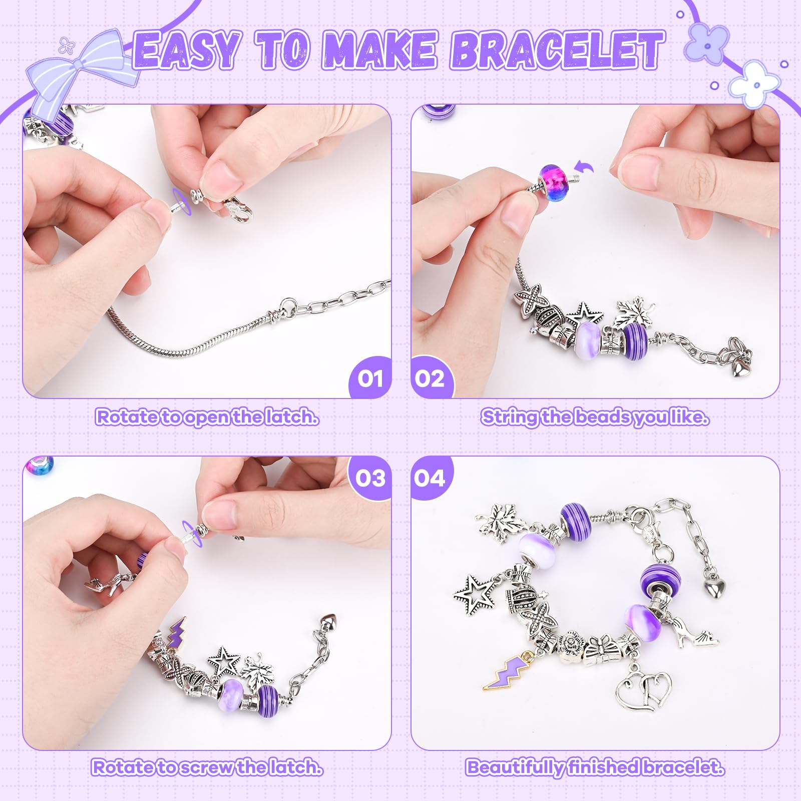 Sarsumir Kit Braccialetti Fai da Te Bambina, Set per Fare Braccialetti Bambina con Bracciali e Collane Regolabili Crea Braccialetti Bimba 4-12 Anni, Viola