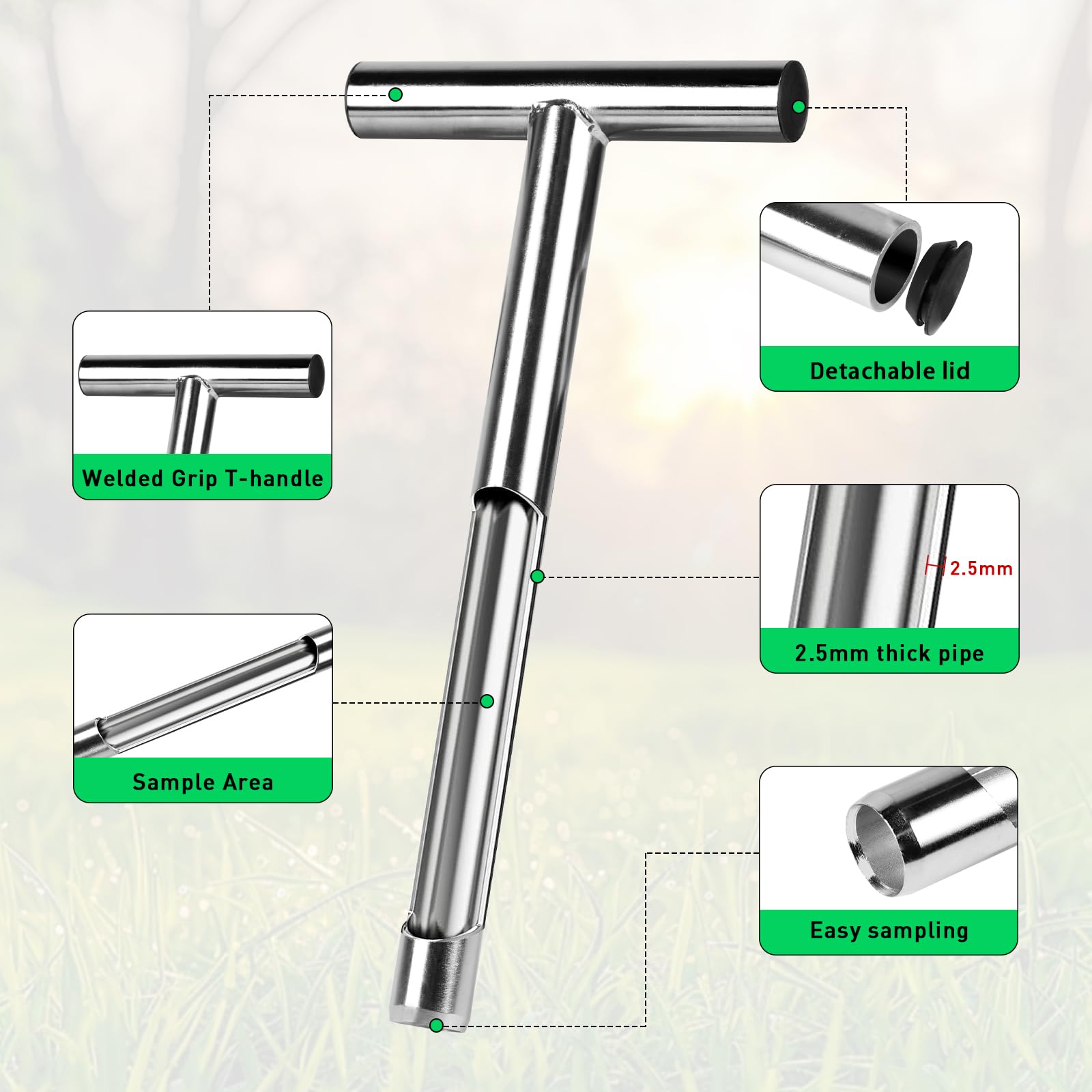 Sonda suelo 30 cm acero inoxidable 2.5 mm - Muestreador en T con 2 bolsas reutilizables para jardín, granja, césped