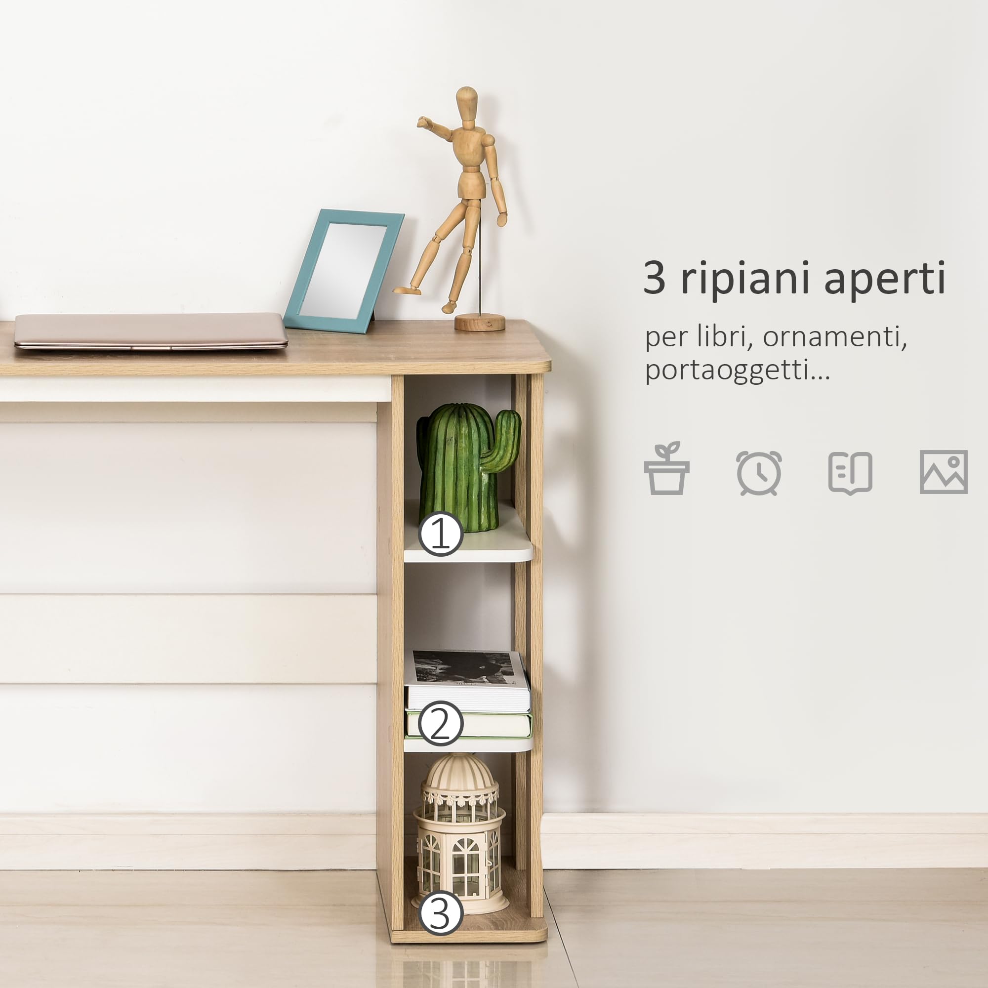 HOMCOM Scrivania per Computer con Scaffale 100x44x74cm Bianco e Quercia | Moderna, 3 Ripiani, Scrivania Moderna da Ufficio e Camera in Legno