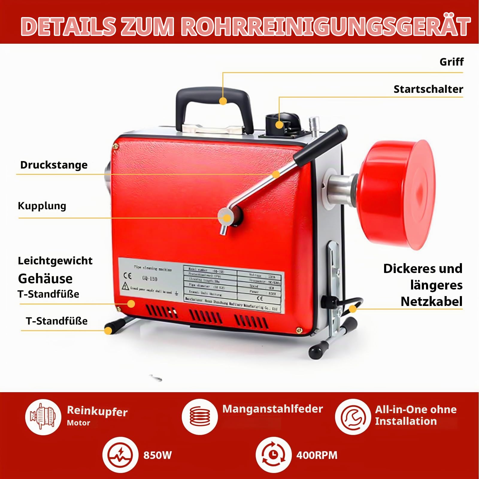 850W Elektrische Rohrreinigungsmaschine Rohrreinigungsspirale für Ø20-100mm Rohrleitungen, Rohrreinigungsgerät mit Ø16mm 20M + Ø10mm 5M Spiralen, 400U/M Reinigungswerkzeug Drain Clean