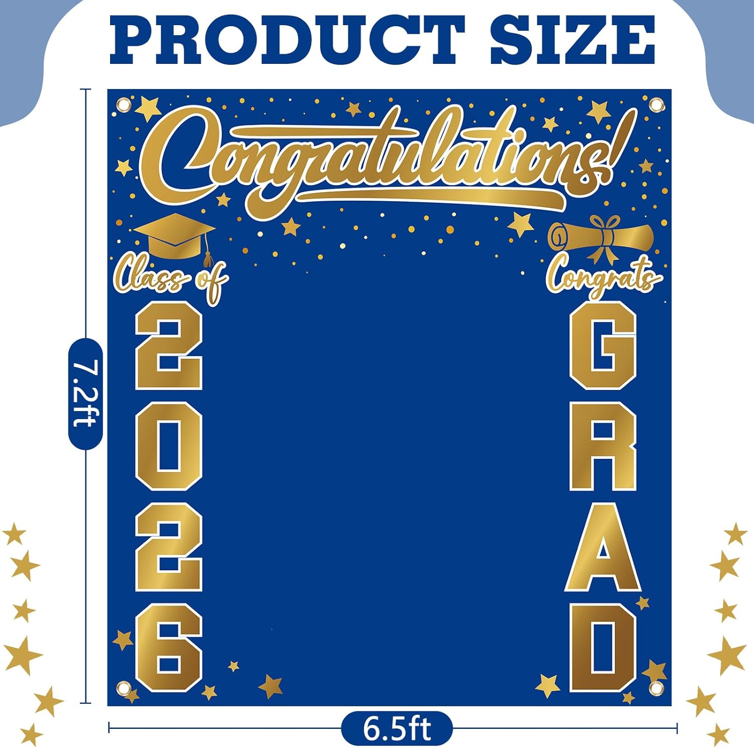 Frienda Large Class of 2026 Graduation Backdrop 6.6 x 7.2 ft Congrats Grad Graduation Party Decoration Photography Background for High School College Party Decor Supplies(Blue Gold)