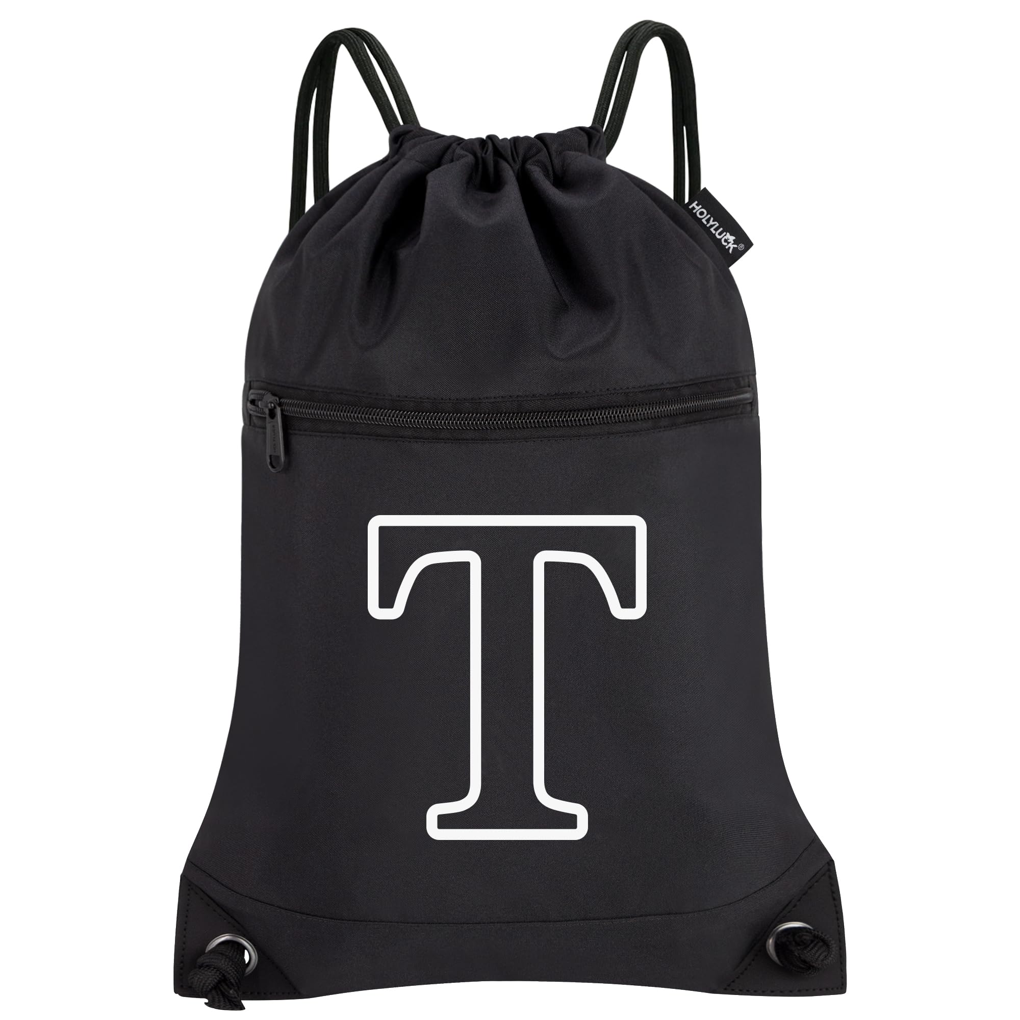 HOLYLUCK Drawstring Bags Initial Backpack Sackpack Cinch Bags for Sports, Gym, Travel, Beach(Black-T)