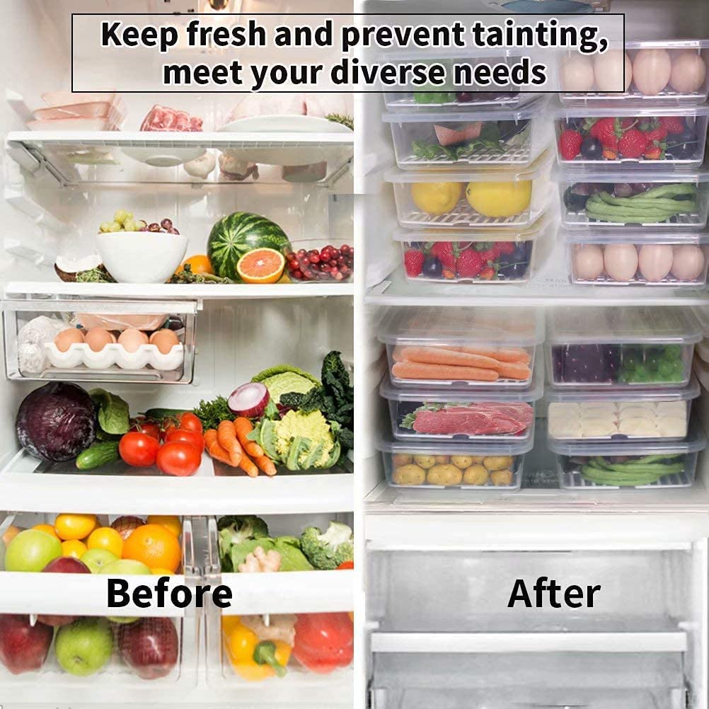 Raawan Cajas de almacenamiento para refrigerador (paquete de 6), organizador de refrigerador con placa de drenaje extraíble y tapa, bandeja de almacenamiento portátil apilable para mantener fresco