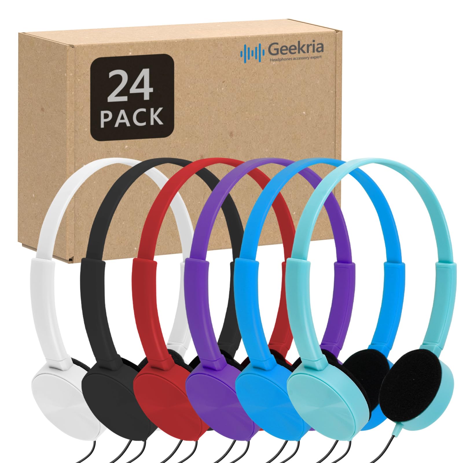 GEEKRIA 24 Pack Wired Headphones for Classroom Adjustable On-Ear Headphones