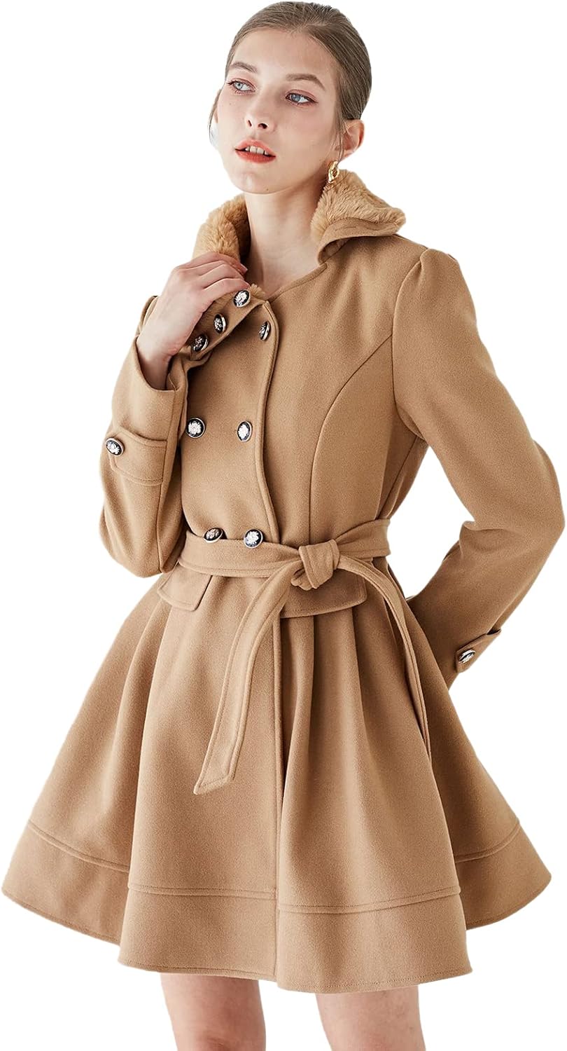 CHICWISH Women's Tan/Black Faux Fur Collar Double-Breasted Storm Flap Skater Coat