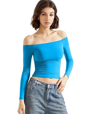 SUUKSESS Women Off Shoulder Double Lined Long Sleeve Shirts Basic Going Out Tops