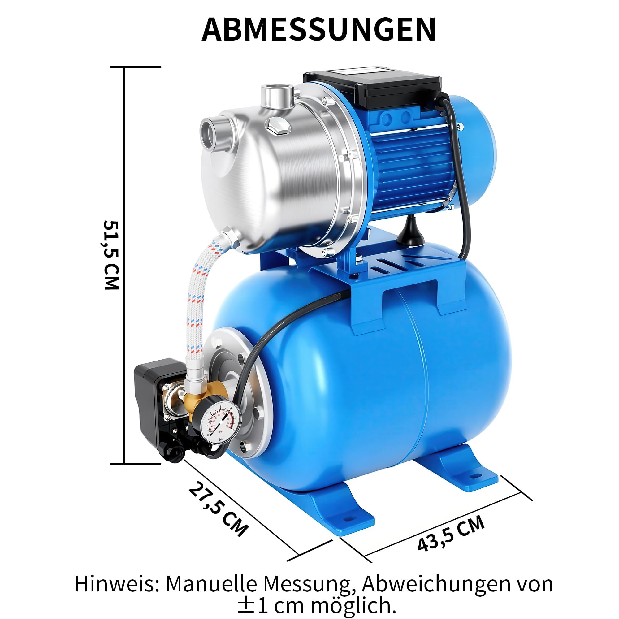 FOTING Hauswasserwerk INOX aus Edelstahl 1100 W, Fördermenge 4600 l/h, Förderhöhe bis 45 m, max. 4,5 bar Druck mit Manometer, 24 L Kessel, robuster Betrieb für Haus & Garten, sicher mit Überlastschutz